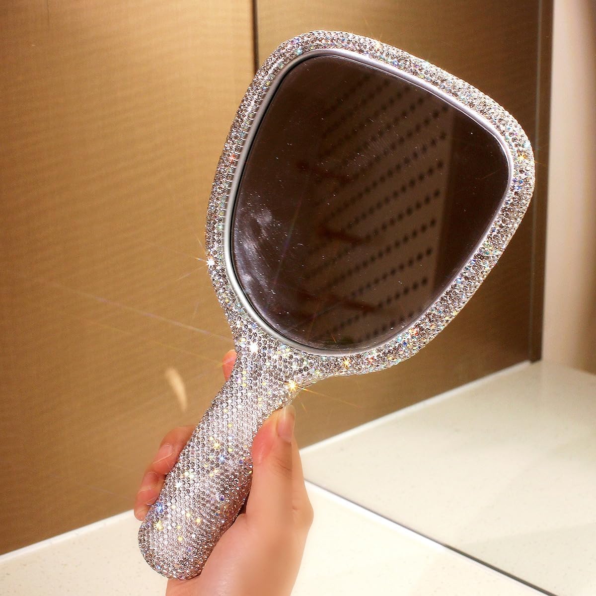 Bling Bling Handheld Mirror - HD Portable Compact Makeup Mirror with Rhinestone Accents - Luxury Desktop Cosmetic Mirror Gift (Silver)