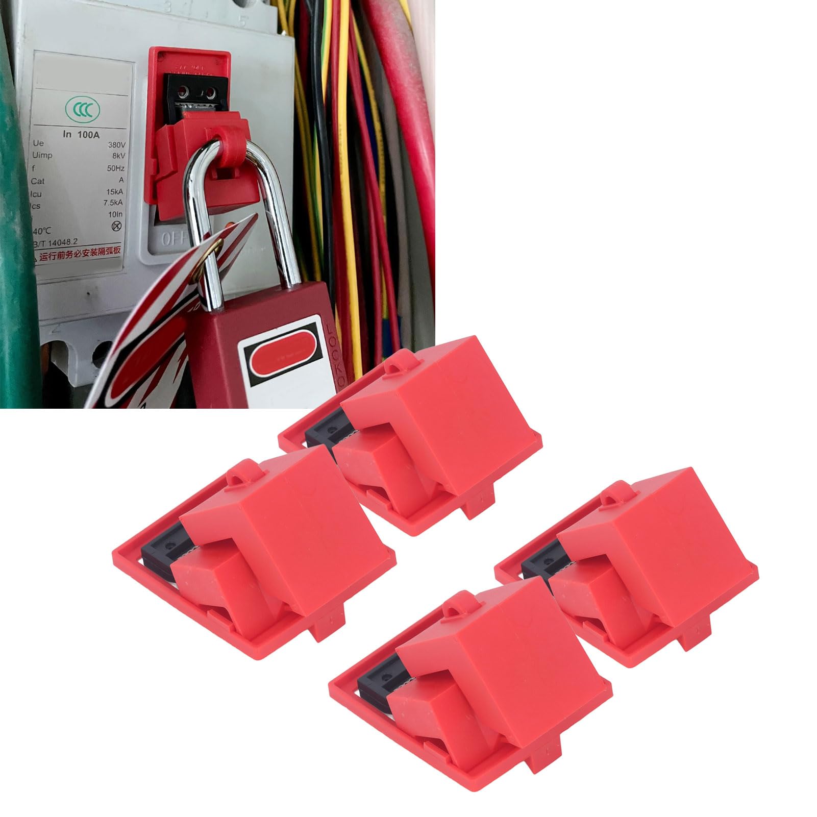 4PCS Master Lock Circuit Breaker Lockout, Circuit Breaker Lockout with Clamp on Single Pole Breaker Lock 480 600v, Breaker Lockout for Hasps, Clamp on and Plug Lockout