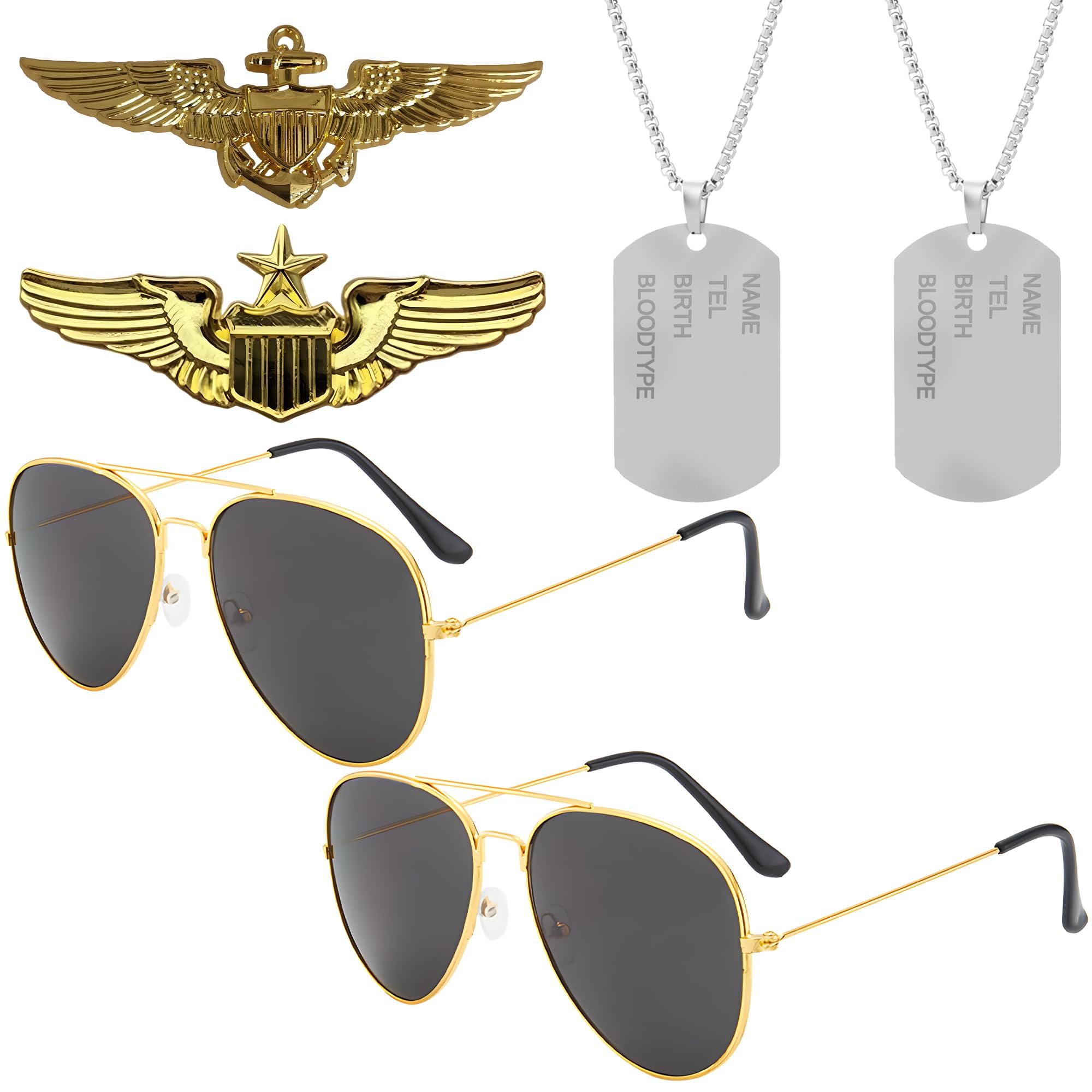 cadelon Top Gun Costume, 6 Piece Aviator Accessories with 2 Sunglasses, 2 Necklaces, and 2 Badges, Outfits Kit Perfect for Party Gatherings, Role-Playing