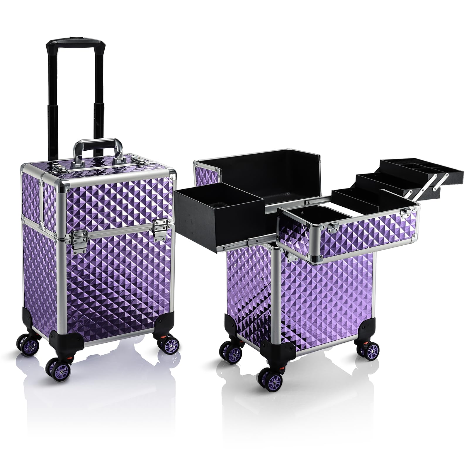 Stagiant Rolling Makeup Train Case Large Storage Cosmetic Trolley 4 Tray with Sliding Rail Removable Middle Layer with Key Swivel Wheels Salon Barber