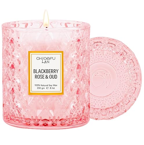 Chloefu LAN Rose Scented Candle, Oud Candle, Mothers Day Candles Gifts for Women, Pink Candles for Home Scented, 55 Hours Long Burning, 100% Natural Soy Wax