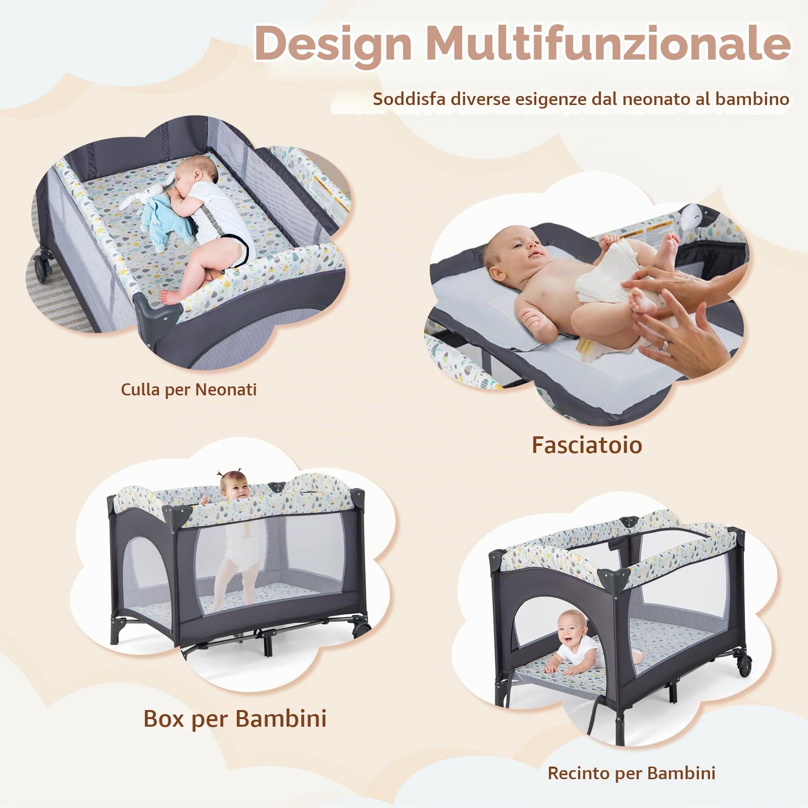 RELAX4LIFE 4 in 1 Lettino da Campeggio con Materasso per Bambini, Culla da Viaggio per Neonati con Fasciatoio, Carillon e Ruote Bloccabili, Adatto a Bambini da 0 a 36 Mesi (Beige)