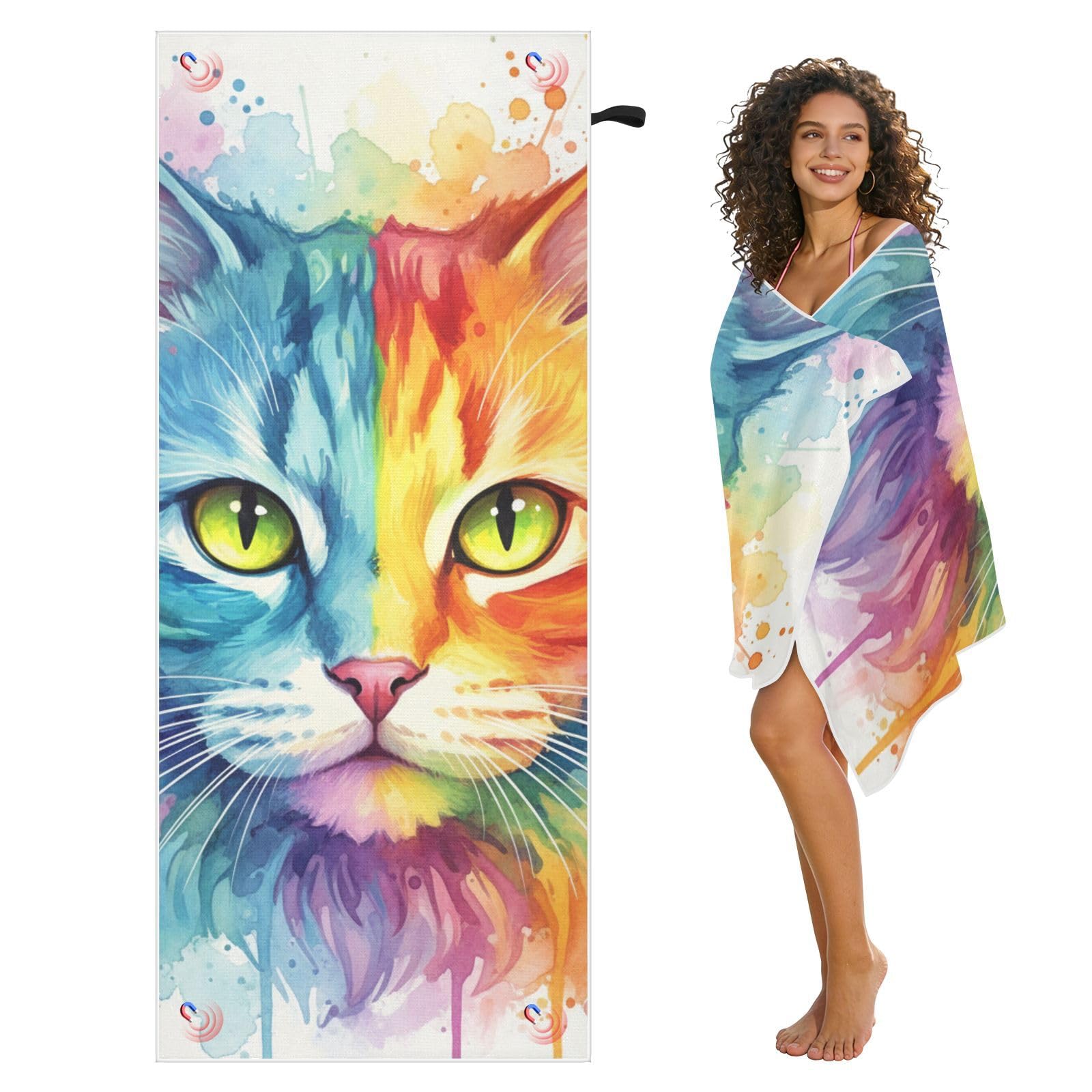 Grande serviette de plage avec sacs en maille pour adultes, serviette de bain motif chat bleu rouge avec fermeture magnétique, anti-sable, absorbante à séchage rapide, pour piscine, camping et
