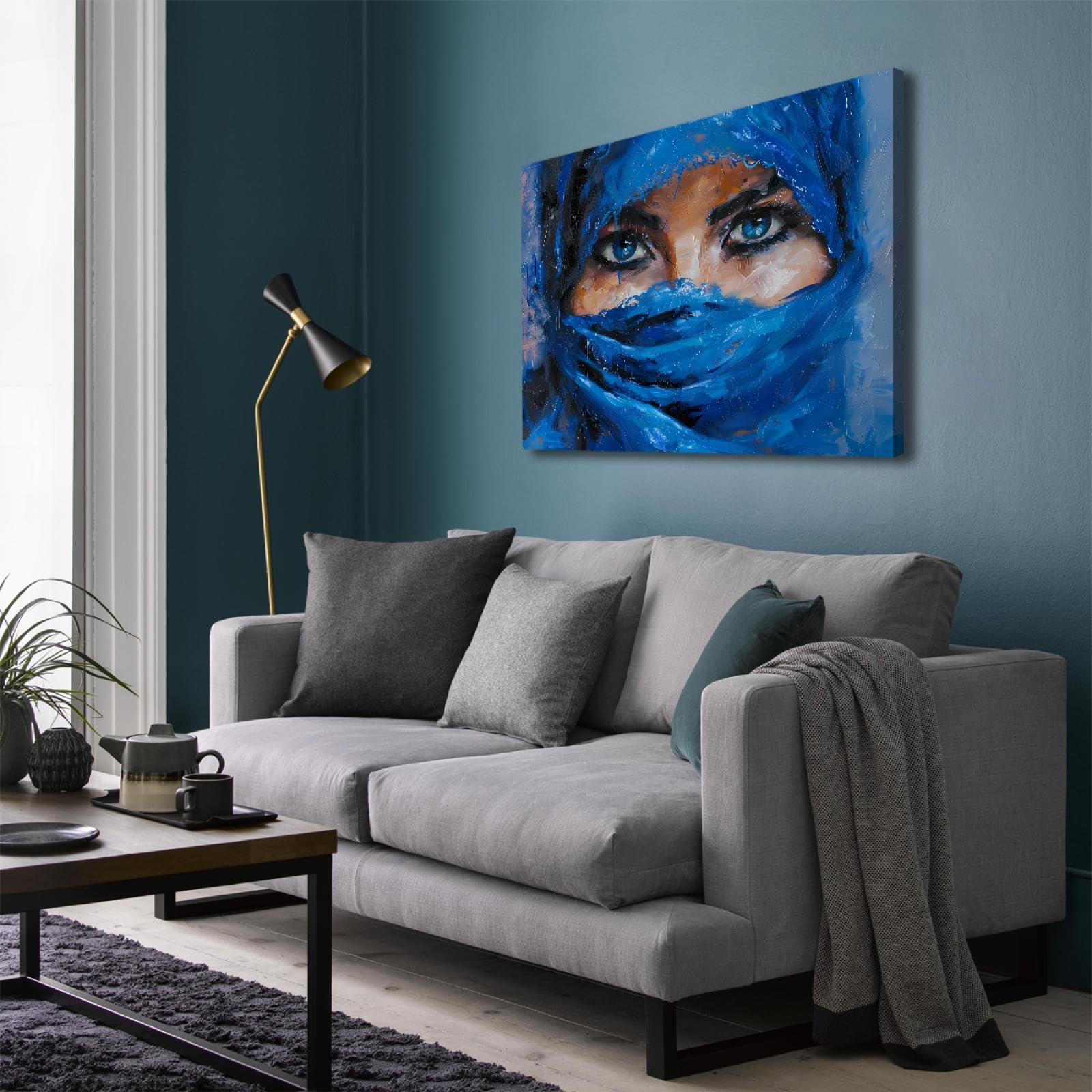 UIRINGART Femme mystérieuse Toile Peinture Yeux Bleus Impression Mur Art Décor Pour Salon Chambre Salle de Bain Bureau Exotique Affiche Images 30x40cm Cadre intérieur