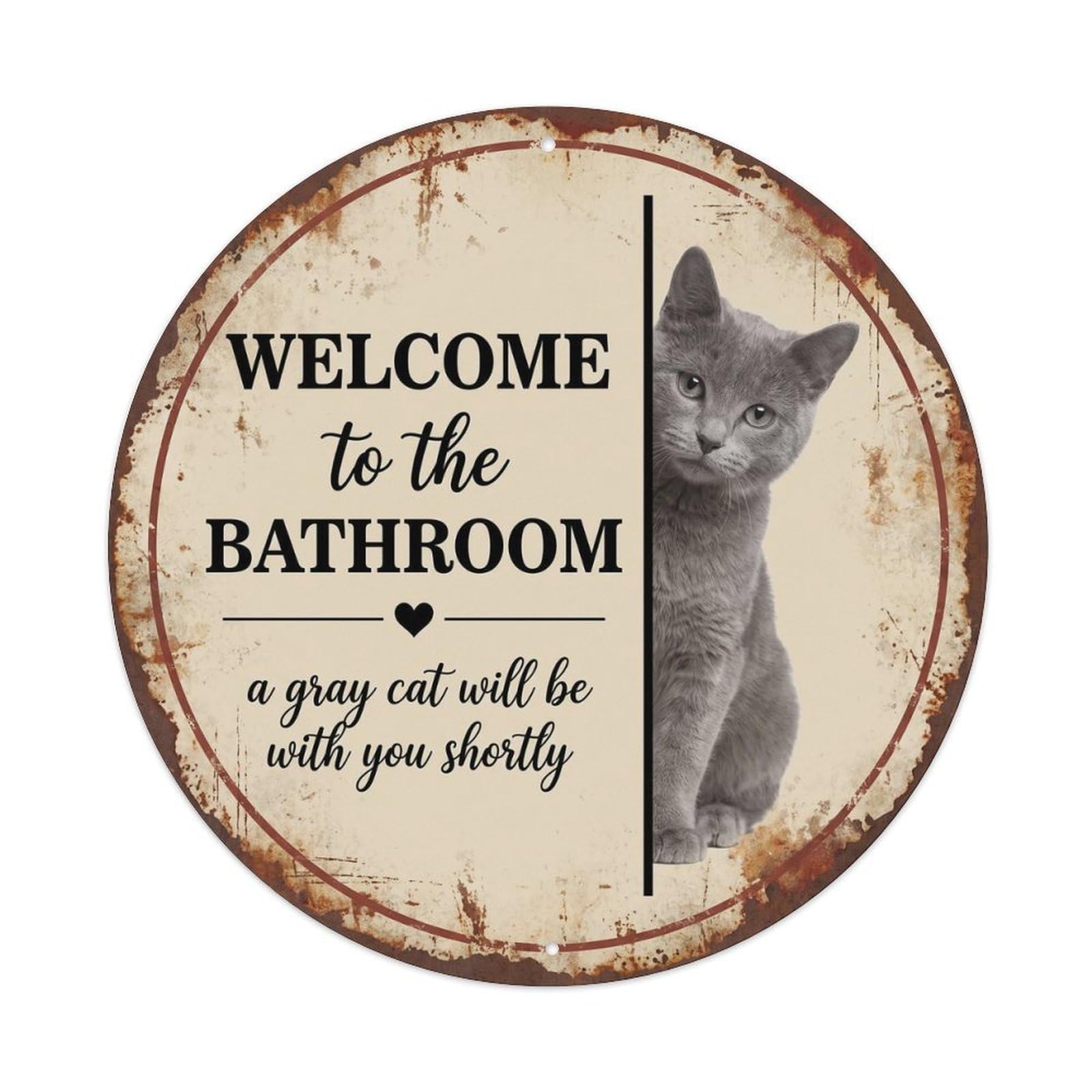 Vintage WELCOME To The BATHROOM Gray Cat Metal Tin Sign