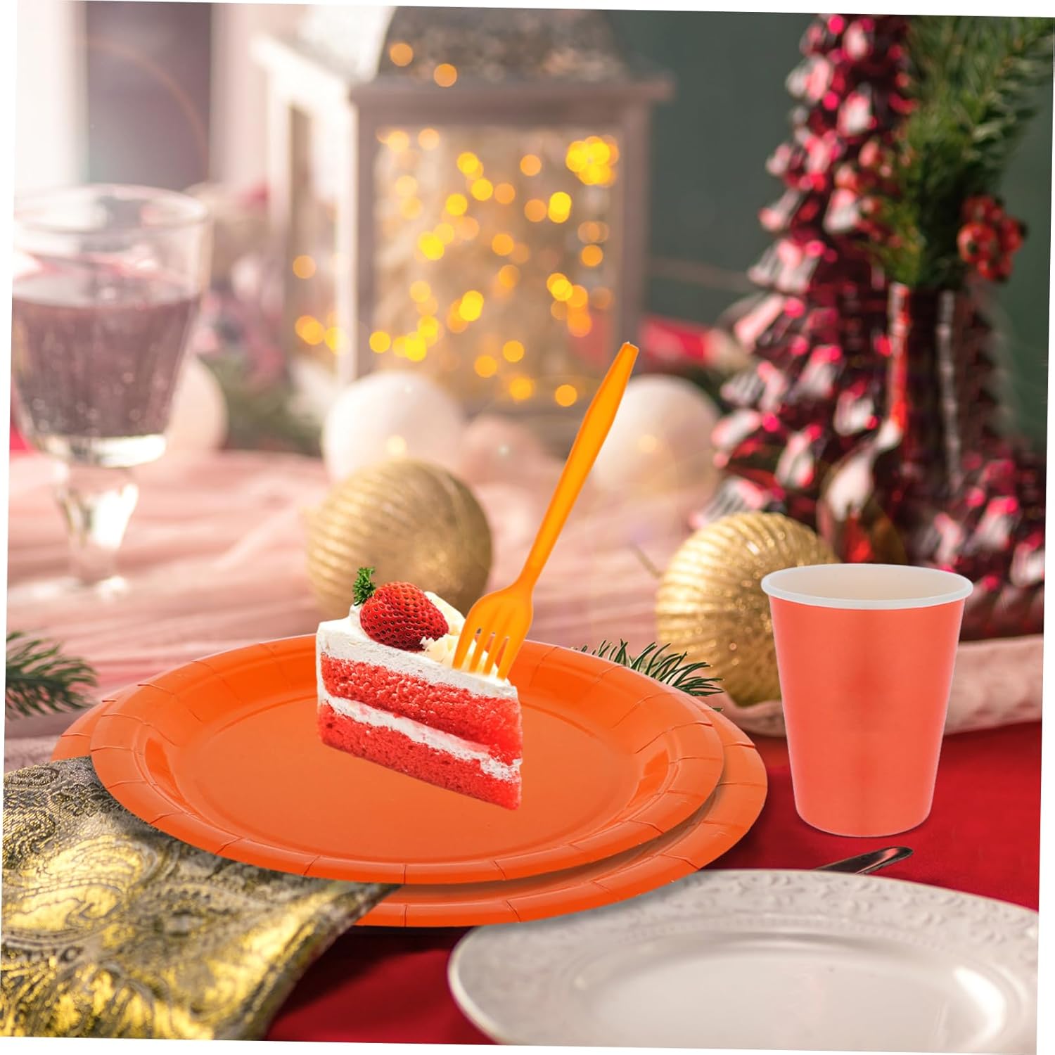 PRETYZOOM Orange Party Supplies Set Paper Plates Cups Napkins Forks Spoons Knives and Tablecloth for Birthday Celebrations Gatherings and Events