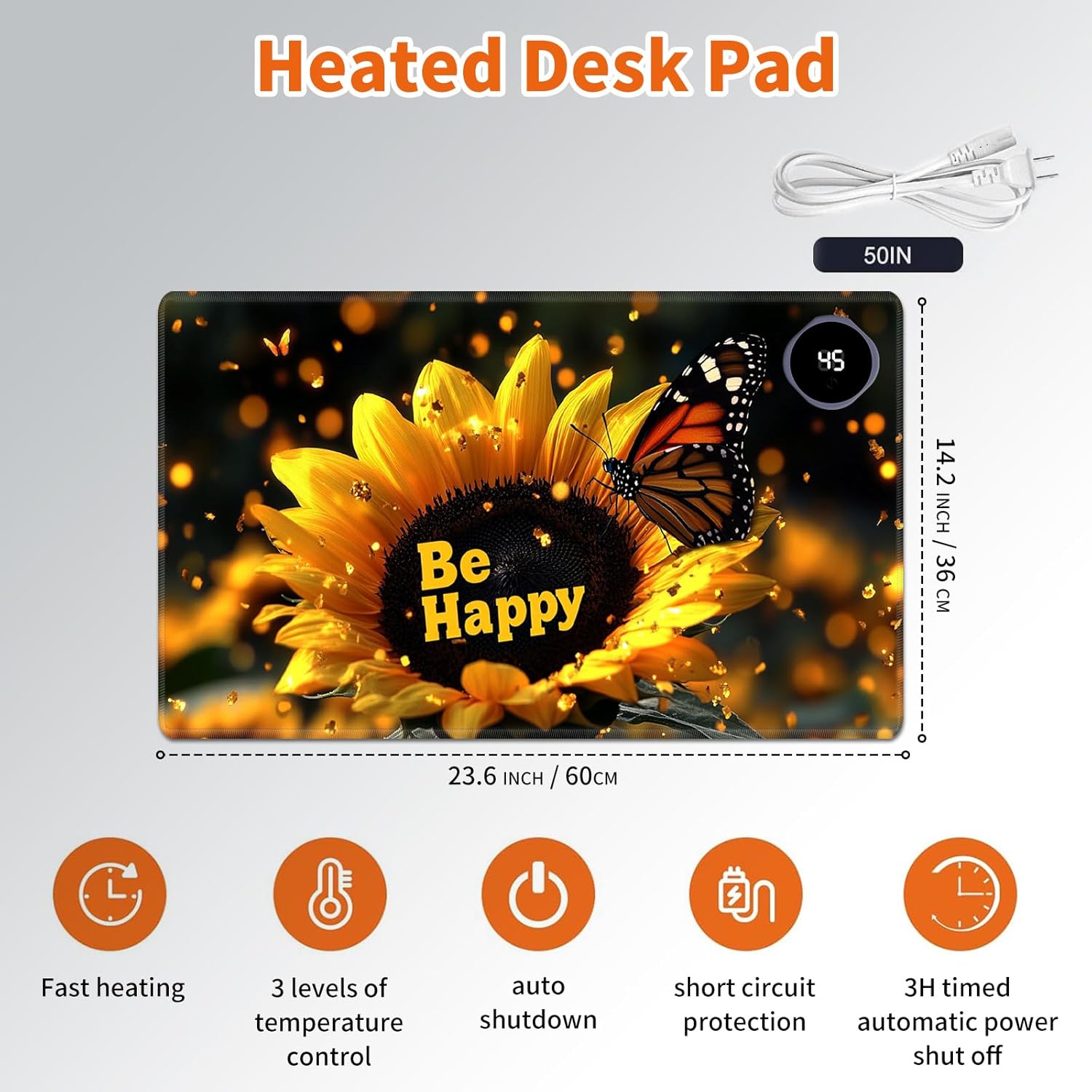 Heated Mouse Pad,Warm Desk Pad with 3 Levels Heating & 3 Hours Auto Shut-Off, PU Leather Heated Desk Pad Warmer Pad for Home Office - 23.6 x 14.2 inch,Luminous Sunflower Butterfly