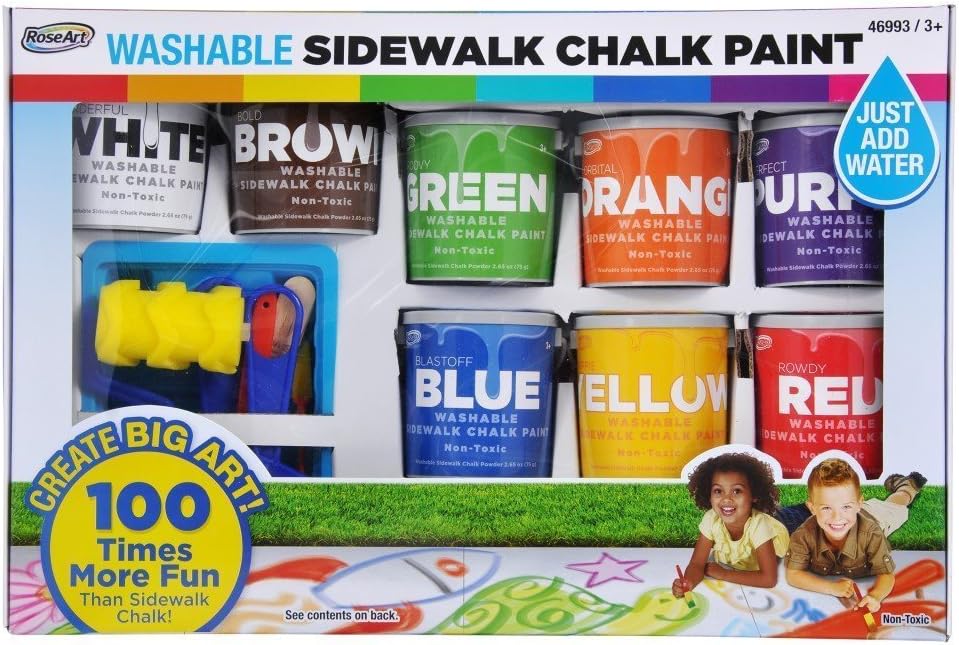 RoseArt Washable Sidewalk Chalk Paint, Big Super Set with 8 Colors & 2 Foam Brushes