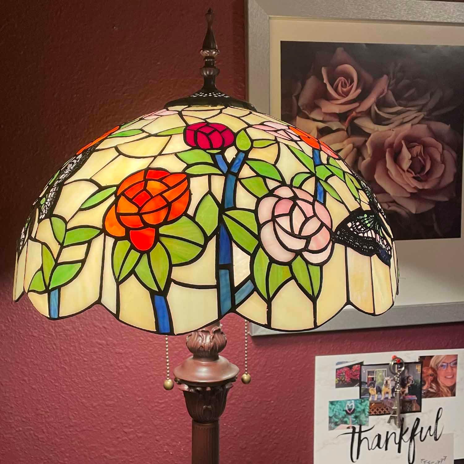Bieye S11408 Tiffany-Style Stained Glass Butterfly Flowers Lampshade, 16" W x 8.5" H