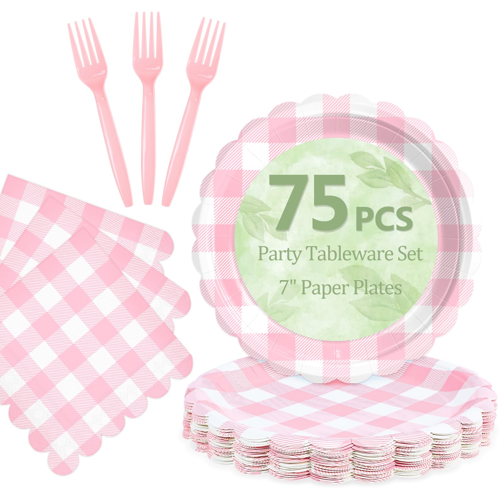 Mulbozy 75 Cute Pink Gingham Paper Plates and Napkins for Party, 25-7"