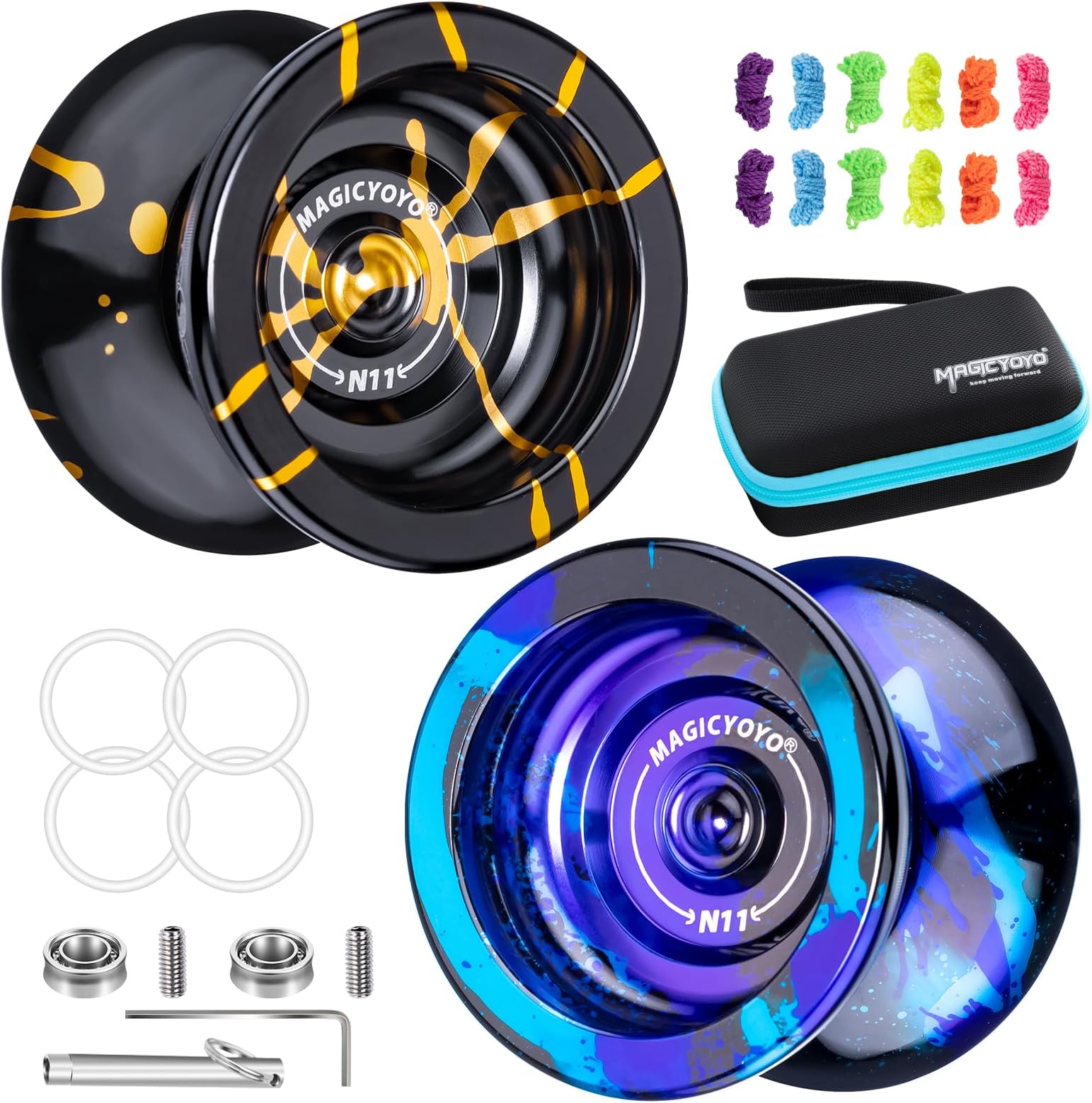 MAGICYOYO Unresponsive Yoyo N11 Pack of 2, Professional Alloy Yoyo Metal Yoyo Bind Return Trick Yo Yo with 2 Bags + Flat Bearings + Axle + Bearing Tool + 12 Yoyo Strings