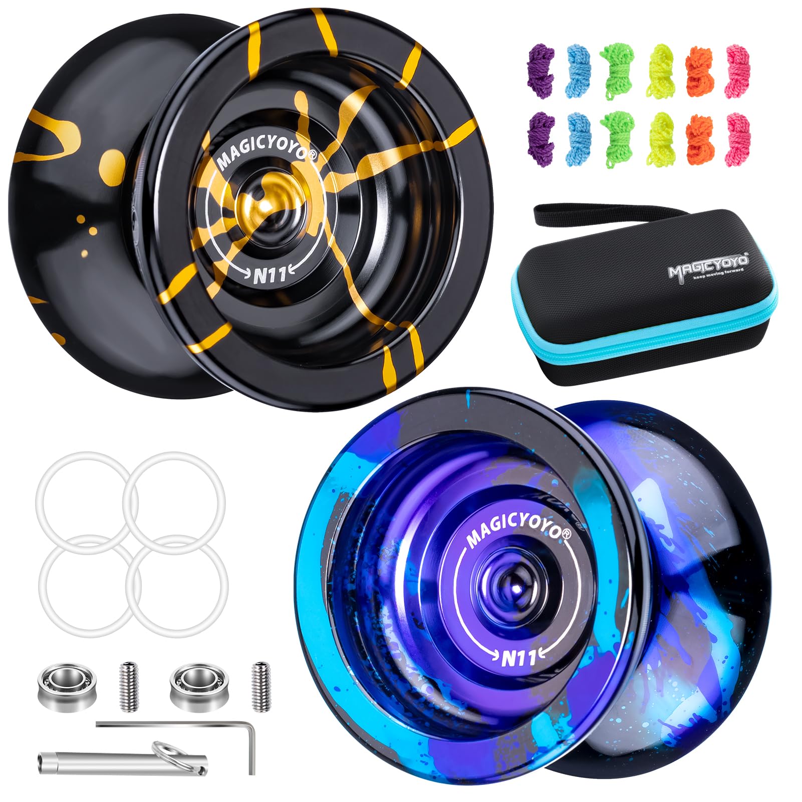 MAGICYOYO Unresponsive Yoyo N11 Pack of 2, Professional Alloy Yoyo Metal Yoyo Bind Return Trick Yo Yo with 2 Bags + Flat Bearings + Axle + Bearing Tool + 12 Yoyo Strings