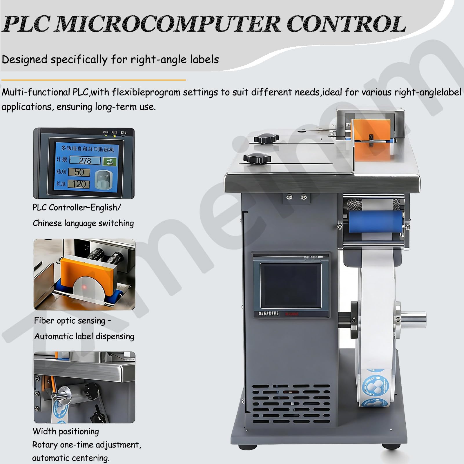 Etichettatrice con centraggio Automatico e PLC. velocità da 15 a 30 Etichette/min.Applicatore angolare a 90° con precisione di ±0,5 mm.Prestazioni affidabili Thediameteris25-30mm