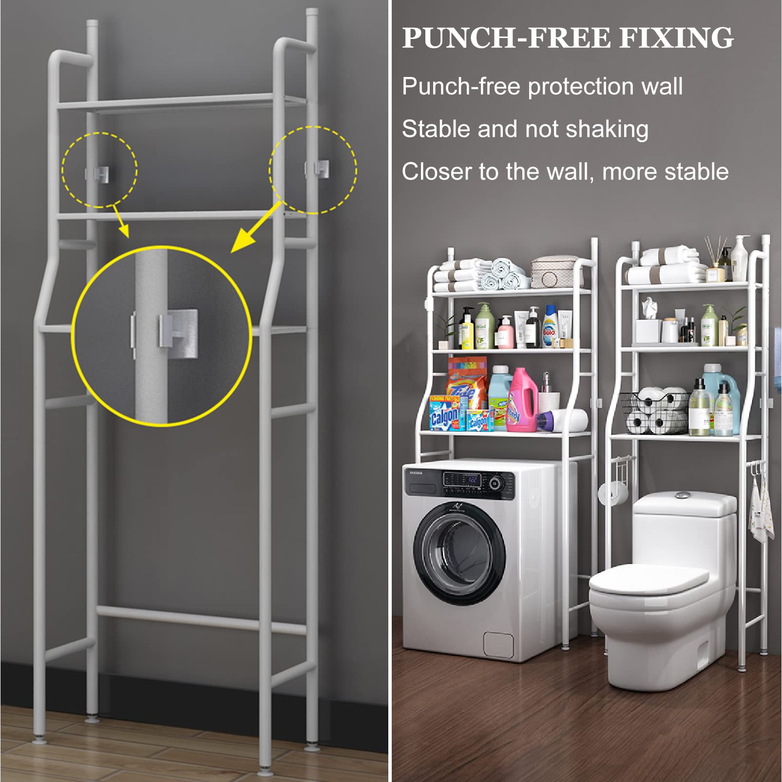 Scaffale salvaspazio sopra il WC a 3 livelli, mensole da bagno sopra il WC con gancio per asciugamani e porta carta igienica, supporto angolare autoportante per bagno, bagno, lavanderia, balcone