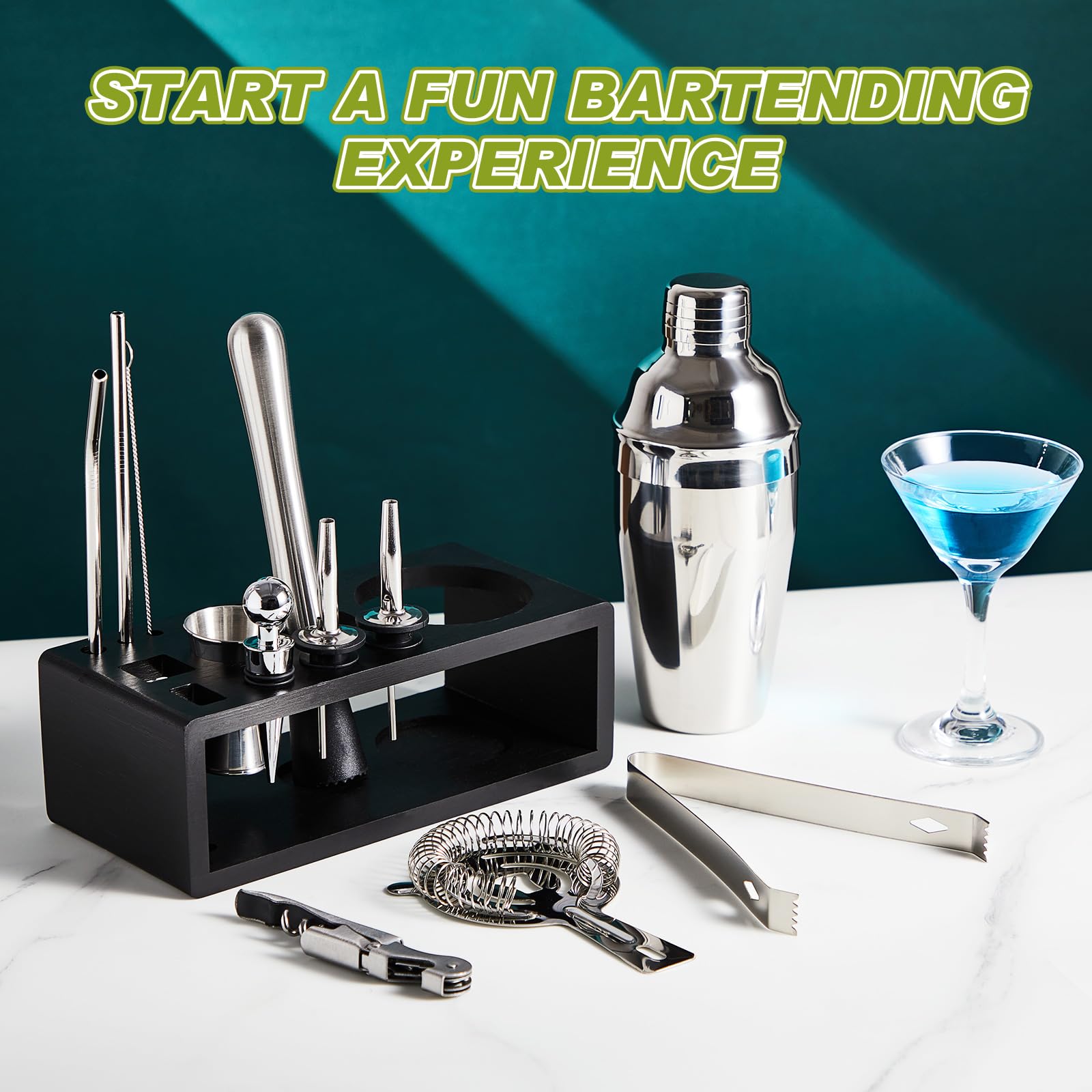 Mifoci Kit de 23 piezas de suministros para camareros, bandeja de guarnición para camareros con tapa, organizador de barra de 3 niveles, 13 piezas de coctelera con accesorio de bar para principiantes
