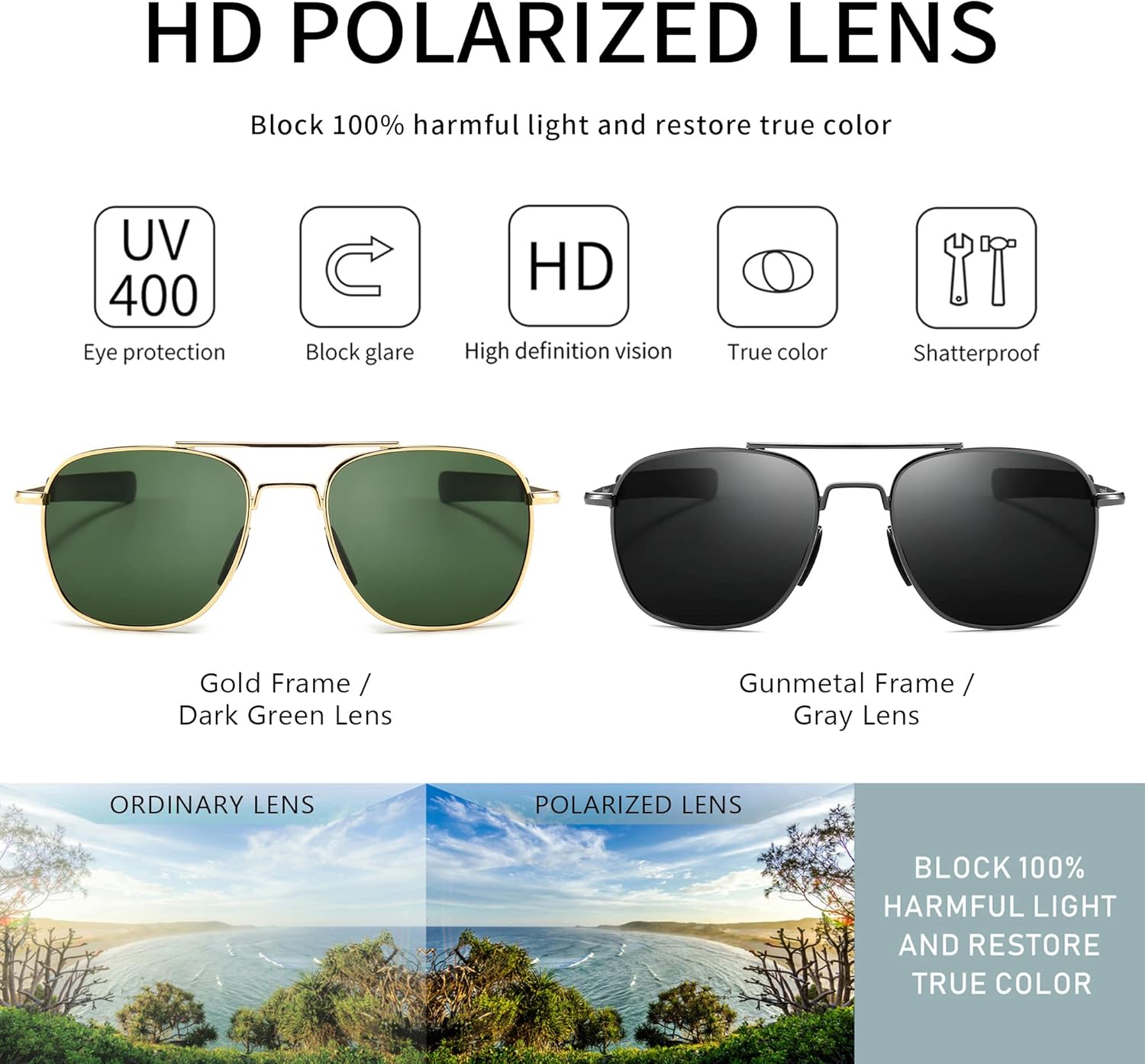 SUNGAIT Men's Military Style Polarized Pilot Aviator Sunglasses Bayonet Temples - Image 2