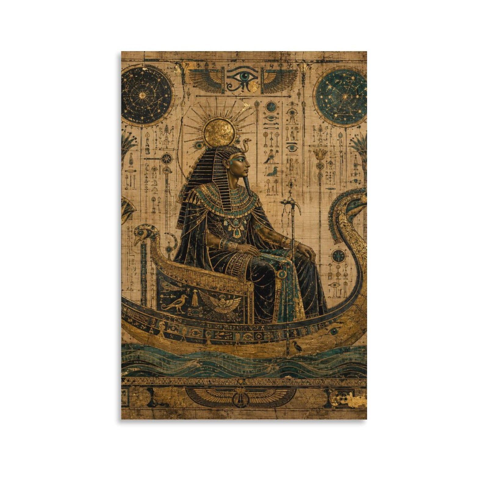 H3B8U2Y5 Egyptian Pharaoh Boat Canvas Wall Art, Hieroglyphic Symbol Decor