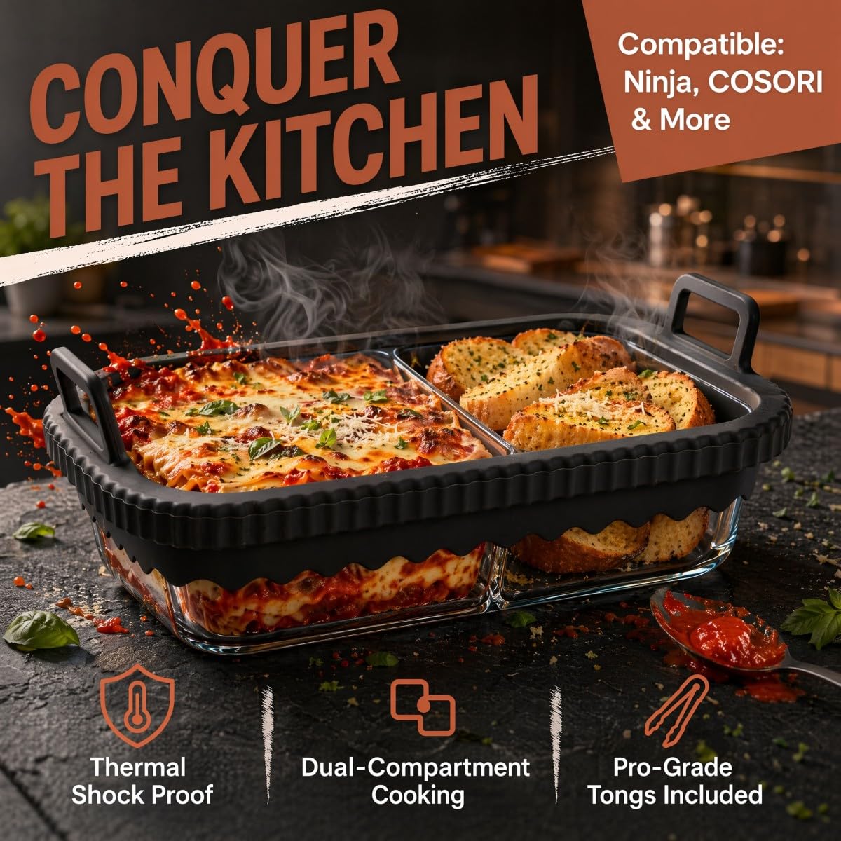 2 Pz Pirofila Airfryer con 1 Pinze da Cucina, 21x16x7 cm Teglia Vetro da Forno con Manici in Silicone Rimovibili Pirofila in Vetro Compatibile con Ninja AF400EU/DZ400EU/SL400EU/COSORI/AF500EU