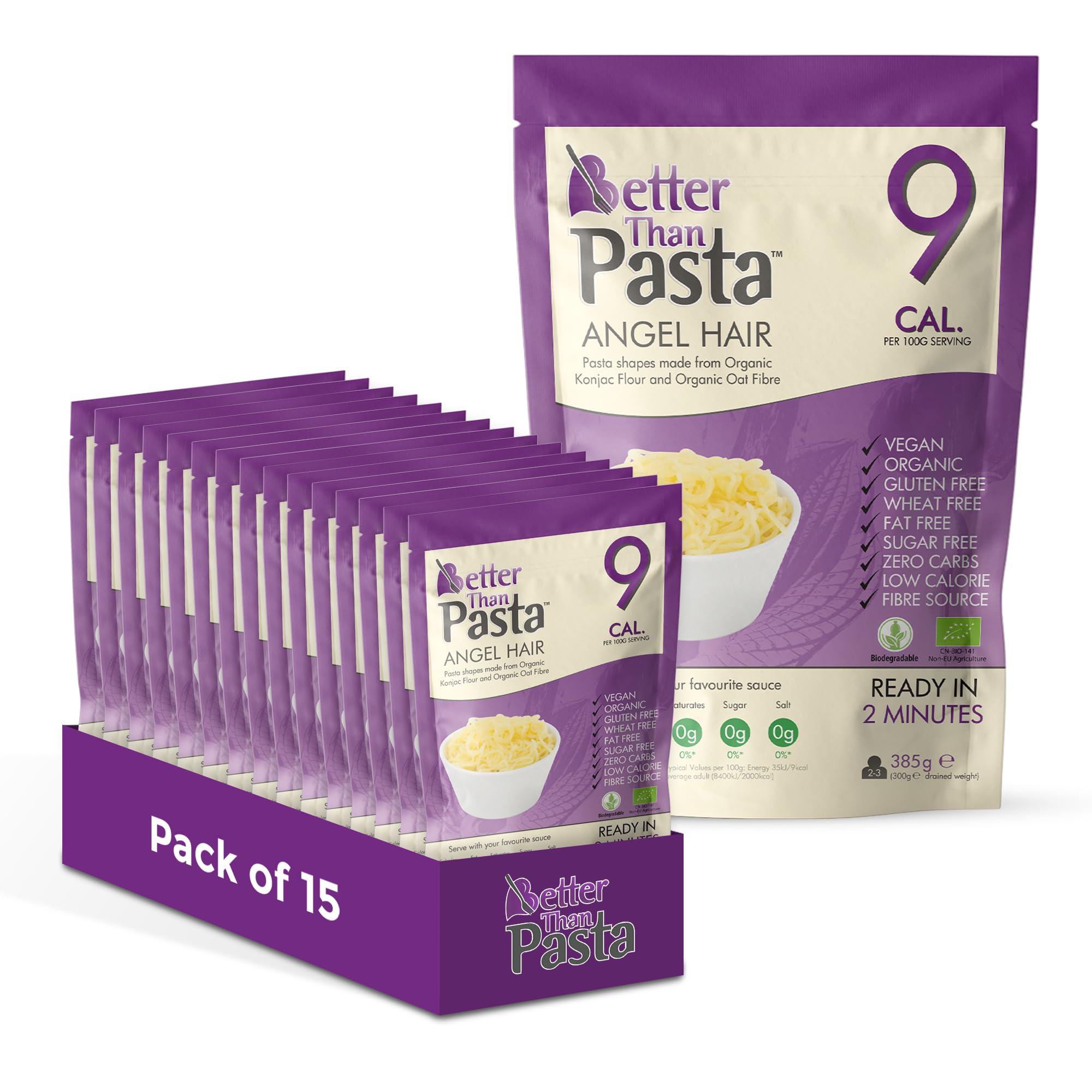 Better Than Pasta Angel Hair (Pack of 15, 385g Each) Zero Carbohydrate | Made from Organic Konjac Flour | Keto Paleo Diet and Vegan | Zero Sugar and Low Calorie Food