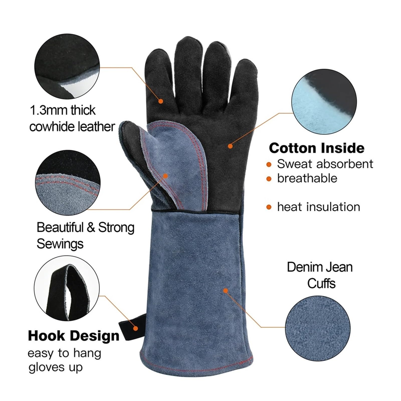 Guantes Soldador Guantes de soldadura 16 pulgadas for trabajos soldador, parrilla, barbacoa, estufa leña, horno, guante grueso cuero vaca resistente al calor, 1 par