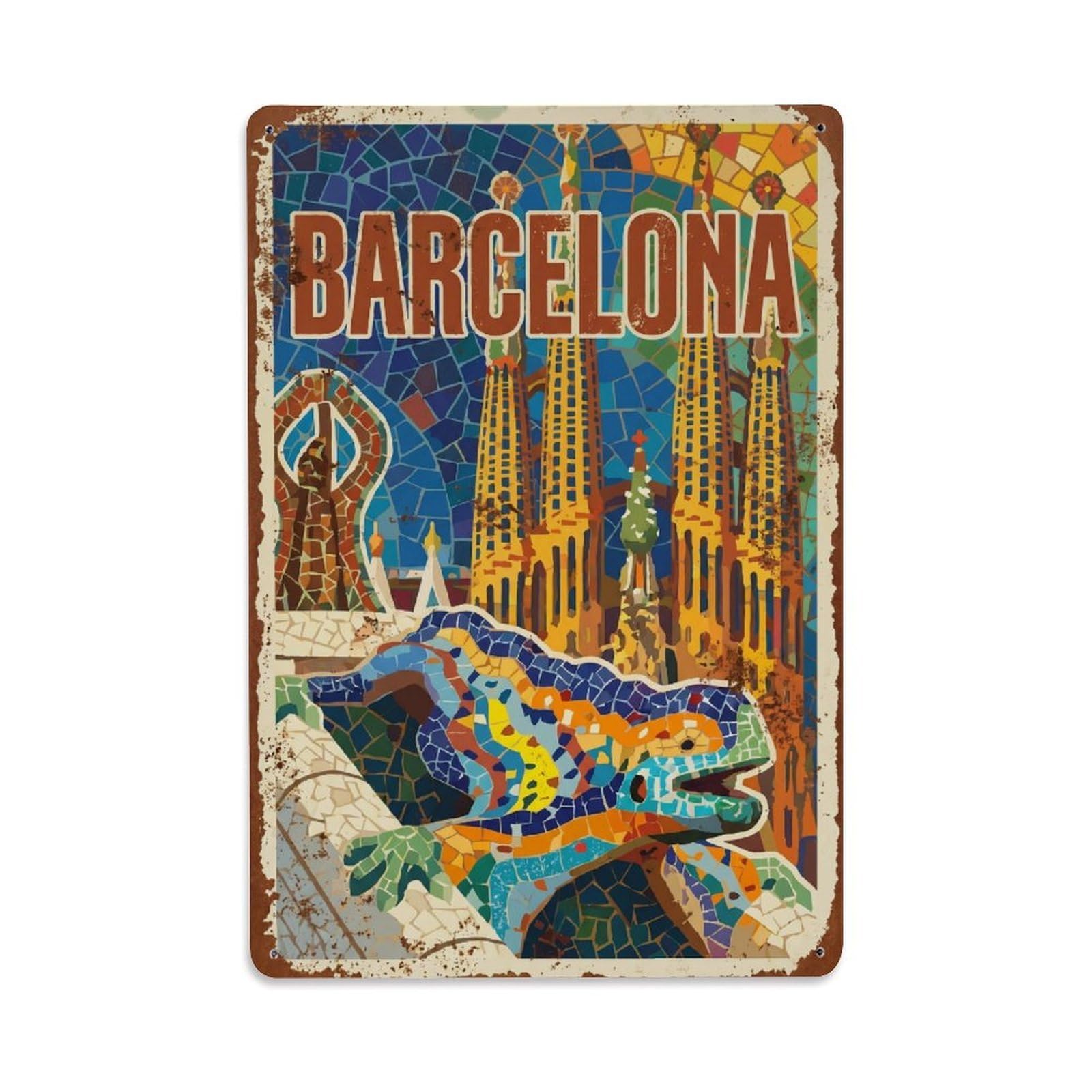 Okngb Style Barcelona Mosaics Mediterranean Classic Travel Landmark Metal Tin Sign Plaque Wall Decor For Cafe, Man Cave, Club Bar, Office, Home Garden Round Metal Poster 8X12inch