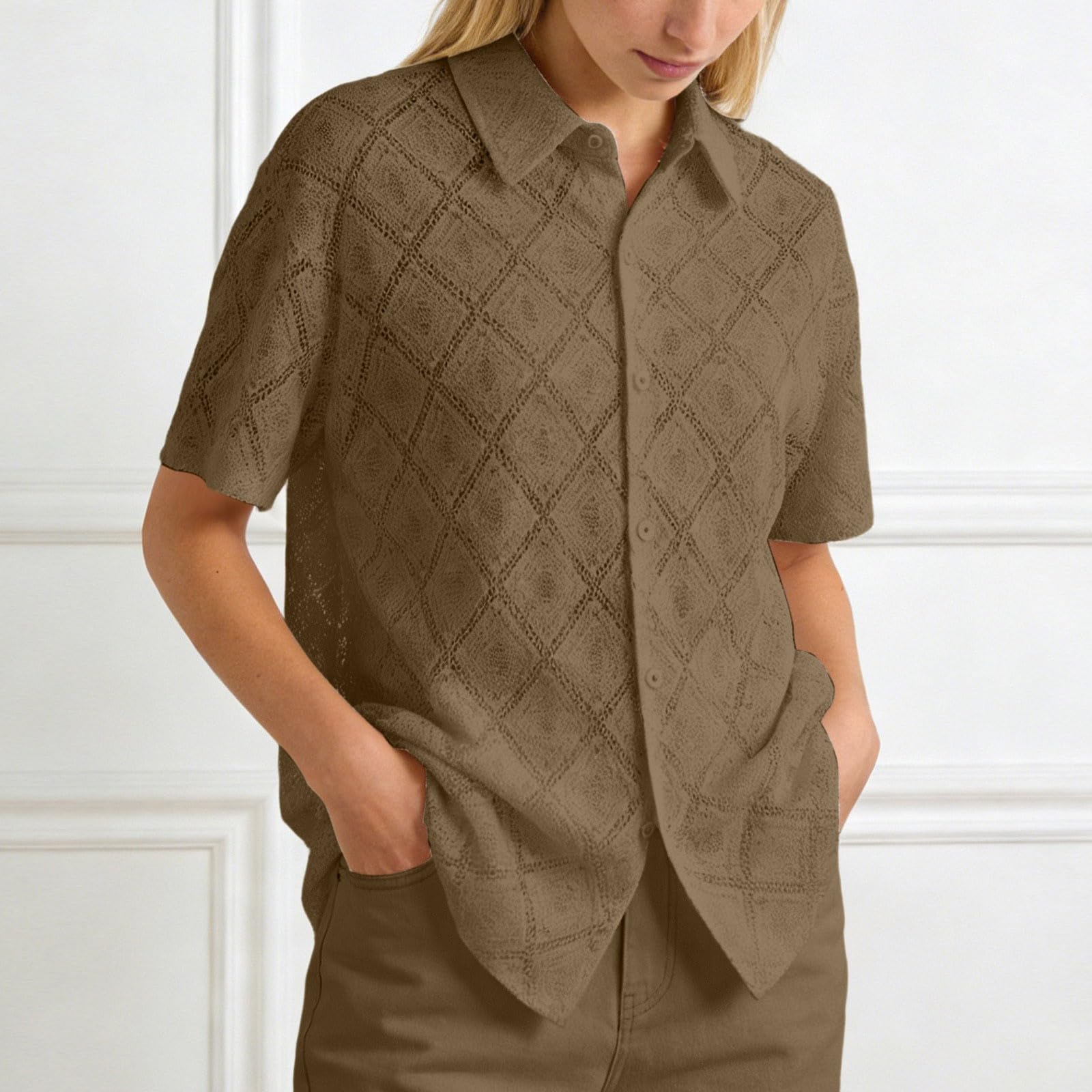 2026 Blusa Elegante para Mujer Verano Camisa Ligera de Encaje Manga Corta con Botones Blusa Informal tamaño diseño Calado Top Transpirable Verano