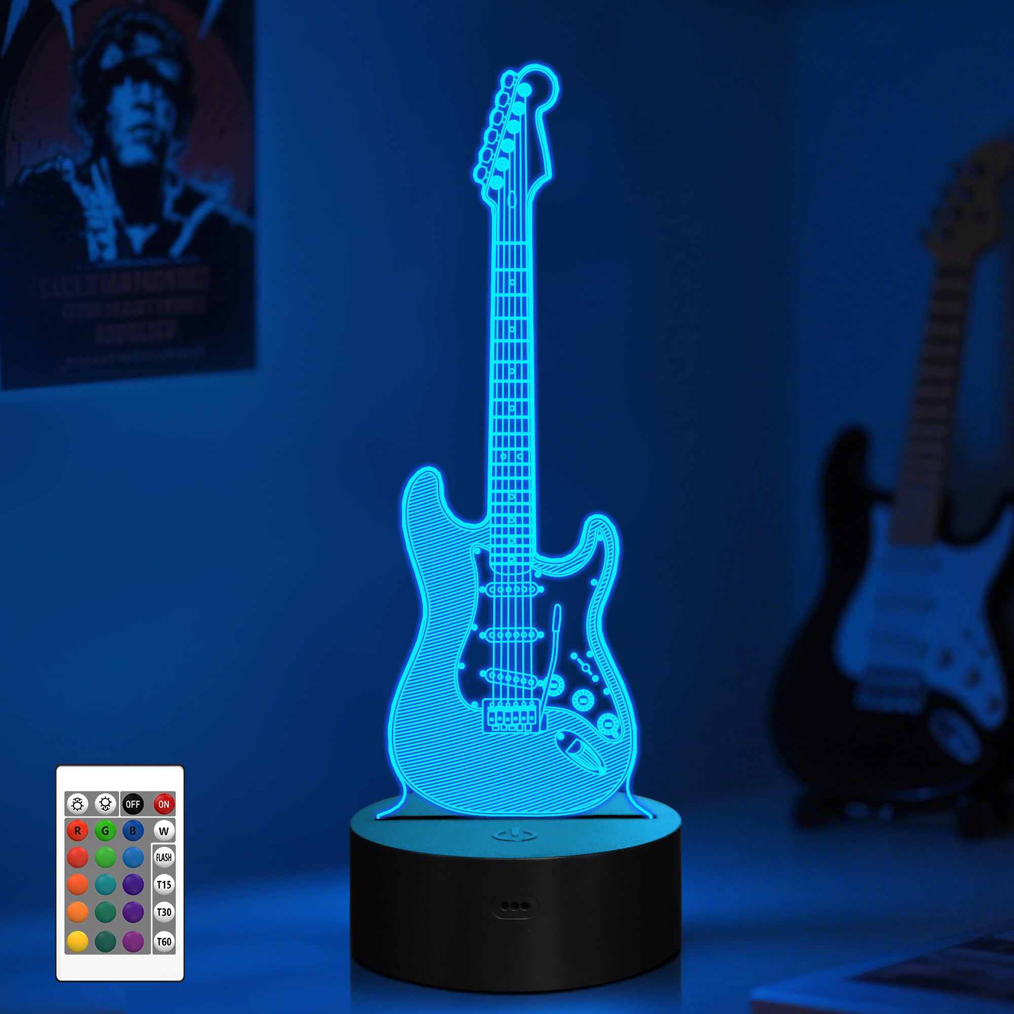 Coopark Guitar 3D Night Optical Illusion Led Bedside Lamp With Remote Control 16 Colors Changing, Home Party Decor Creative Birthday Gift For Light