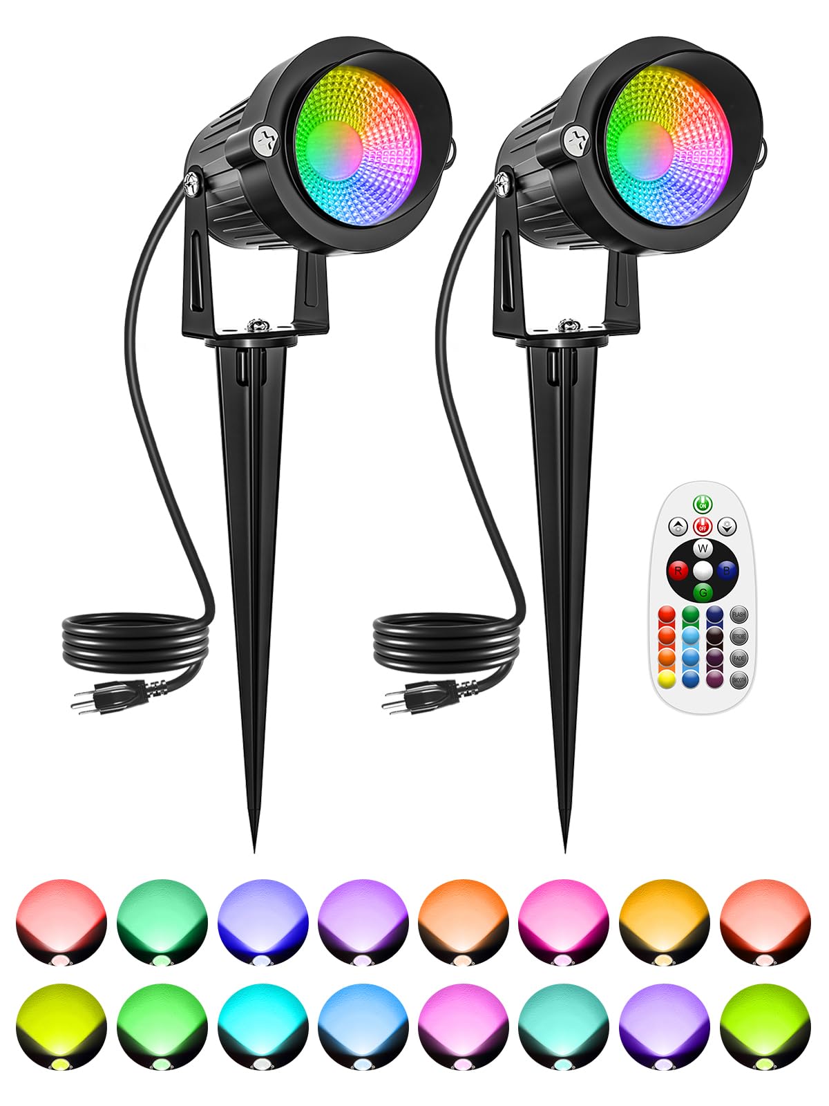 RRDWQ-10W RGB Color Changing Landscape Lights, Outdoor Waterproof LED Spotlights Remote Plug Garden Yard Patio Driveway Birthday Holidays Decoration