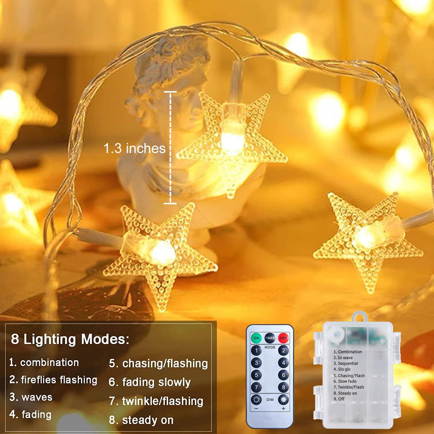 Brightown Star String Lights Battery Operated – 17 ft 50 LED Star Fairy String Lights with Remote and Timer, 8 Modes Waterproof for Bedroom Tent Loft Bed Patio Party Wedding Decor, Warm White