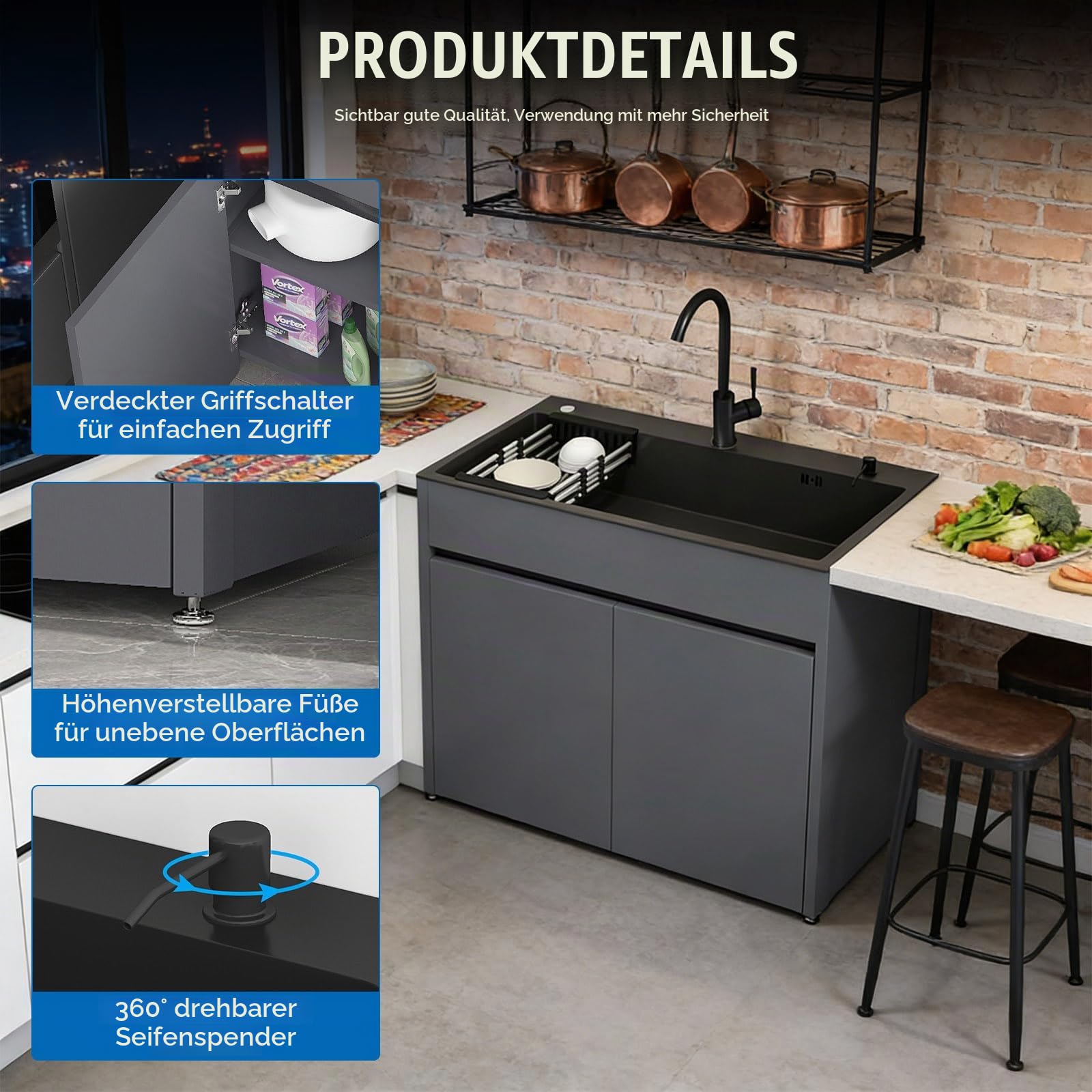 Freistehende Edelstahl Spültisch mit Warm und Kaltwasserhahn, Kitchen Sink Waschbecken mit Aufbewahrungsschrank, Abtropfkorb für Außen, Innen, L:68/80 CM