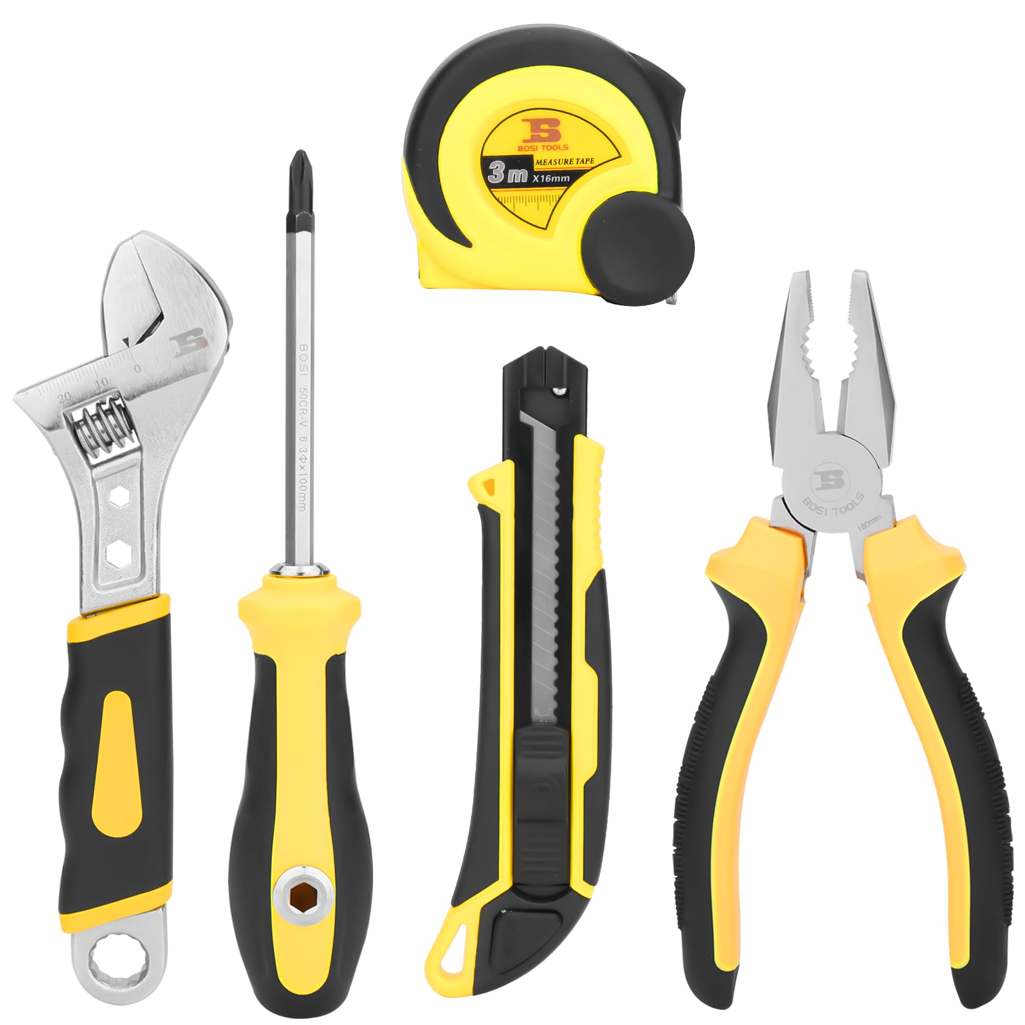 B BOSI TOOLSHousehold Set with Cutter Knife, 3.0 m Tape, Screwdriver, Combination Pliers, Adjustable Wrench for DIY for Home, Office or Car