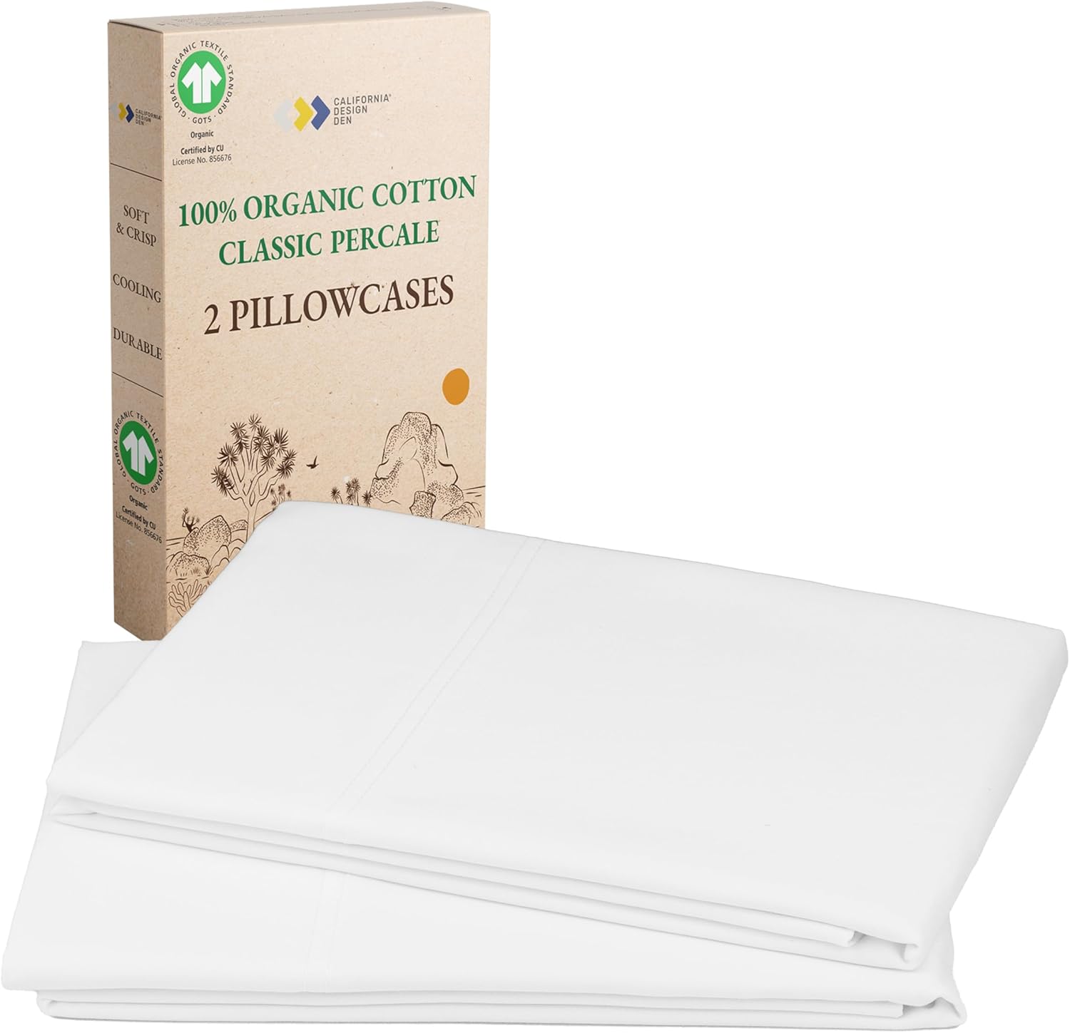 California Design Den 100% Organic Cotton Percale Pillowcases Queen/Standard Set of 2 - Crisp, Breathable, GOTS Certified White