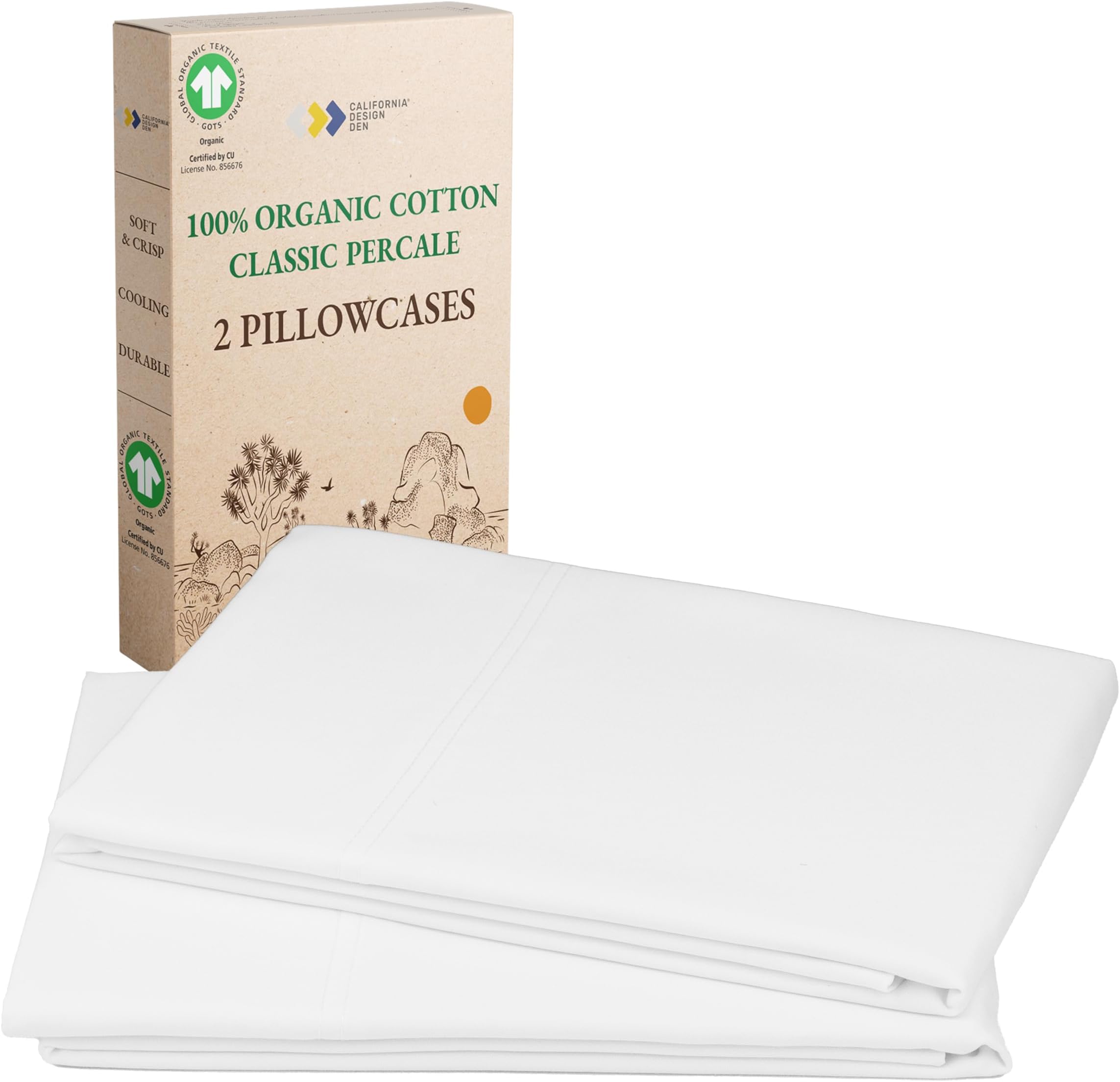 100% Organic Cotton Pillow Cases Queen/Standard Set of 2, Soft & Crisp Percale Weave Cotton Pillowcases (Bright White)