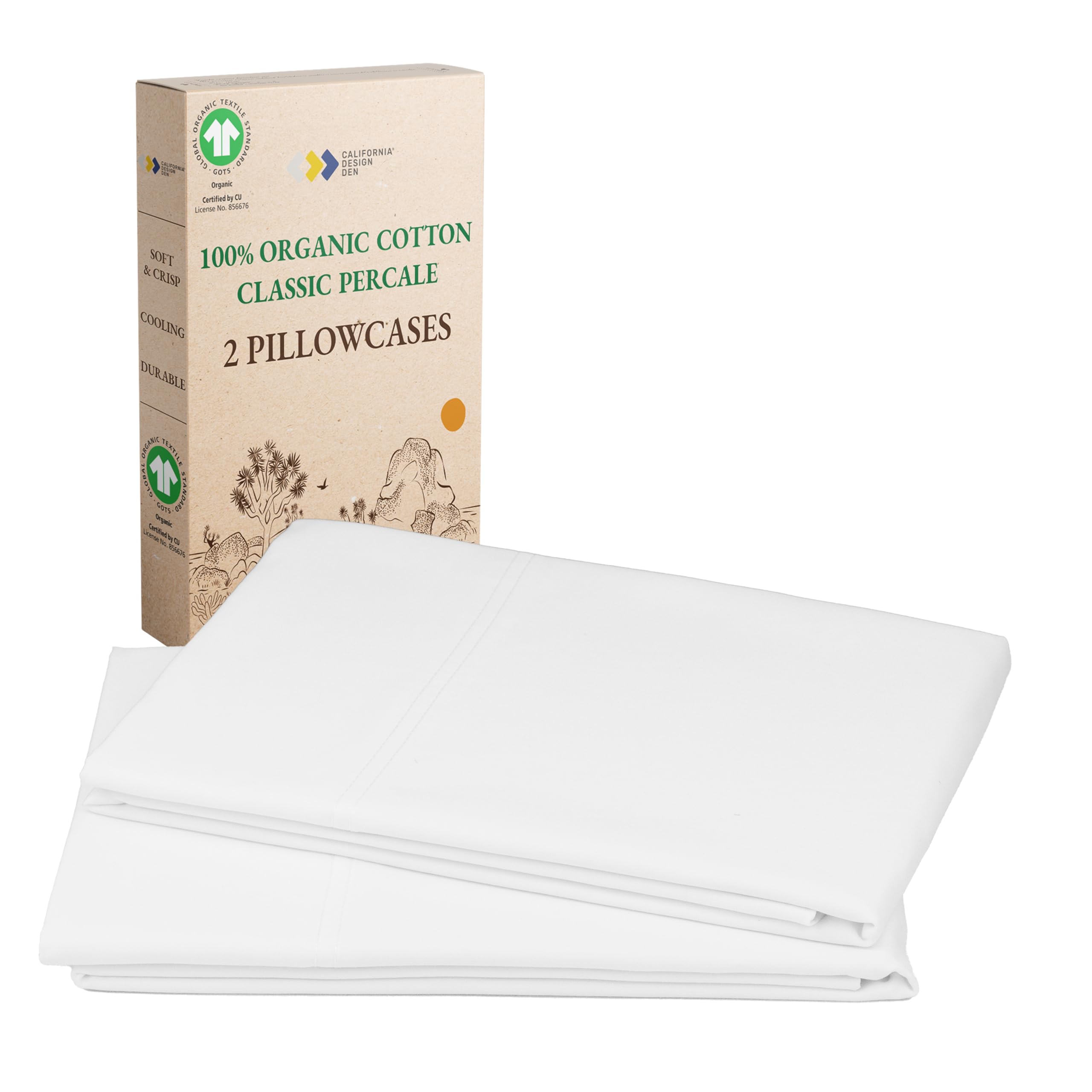 California Design Den 100% Organic Cotton Pillow Cases Queen/Standard Set of 2, Soft & Crisp Percale Weave Cotton Pillowcases (Bright White)