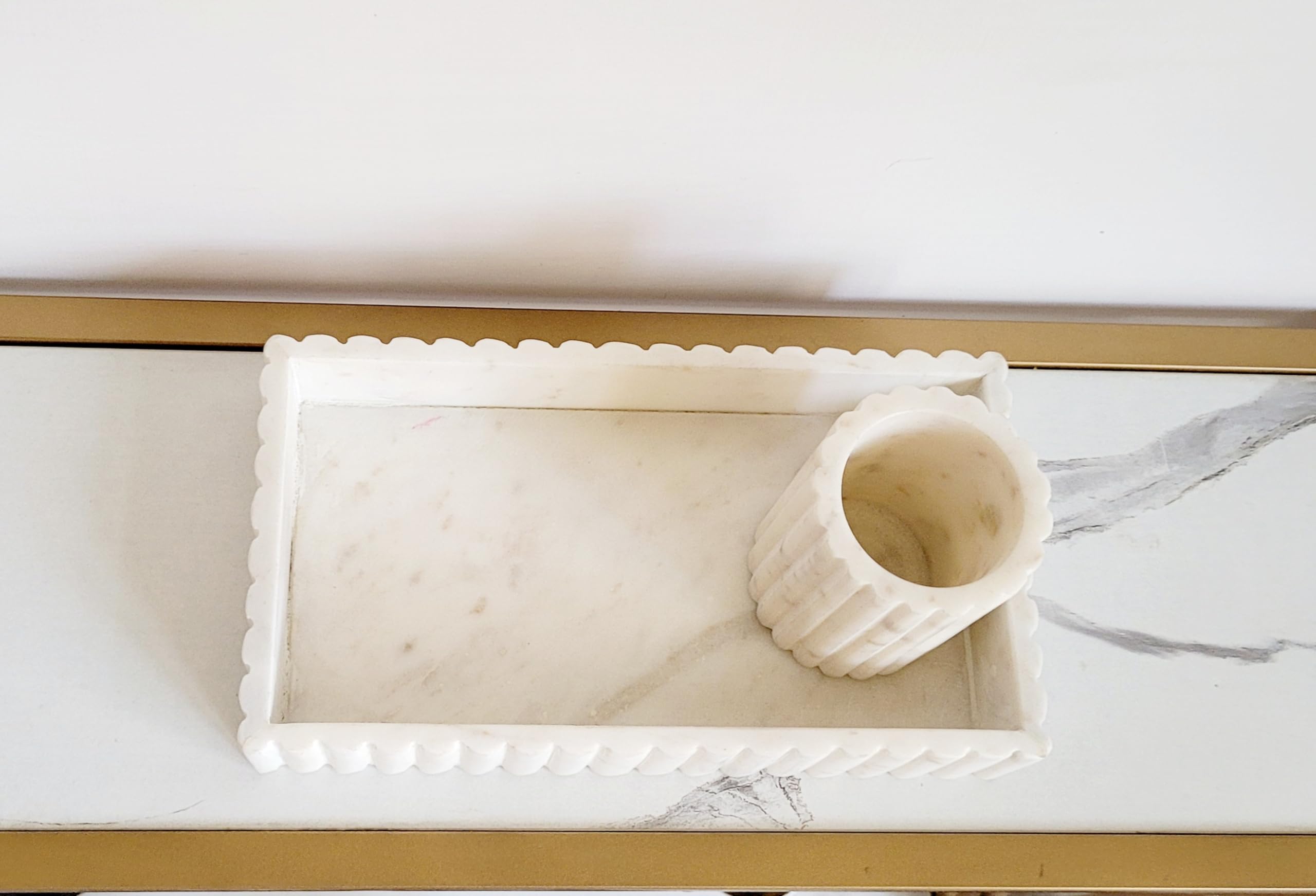 White Marble Vanity Tray with Brush Holder - Handmade -3