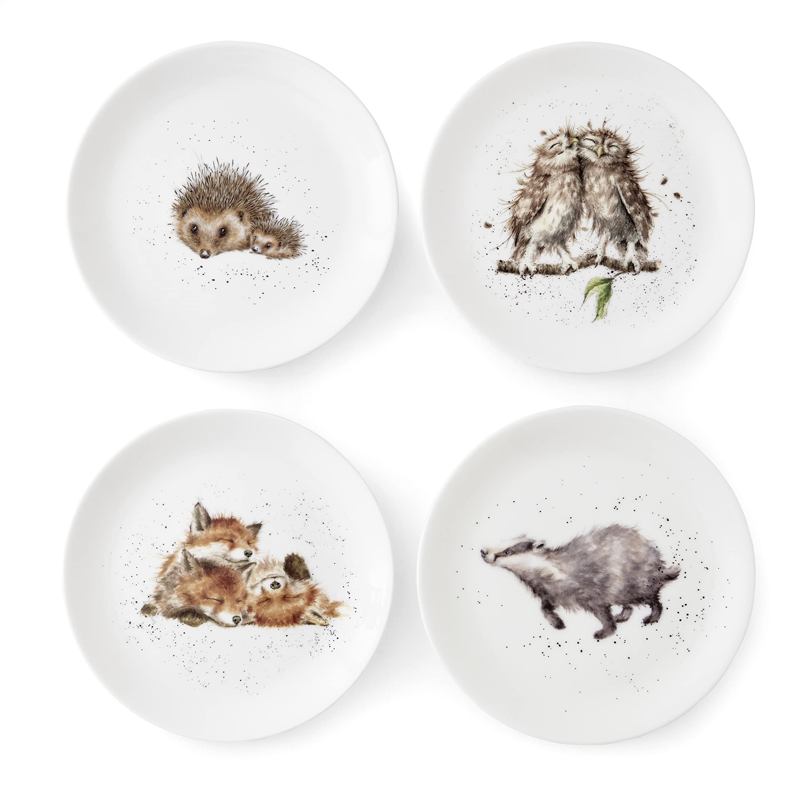 Wrendale Designs Royal Worcester - Set di 4 piatti in ceramica in due misure per riccio e gufo (20 cm)