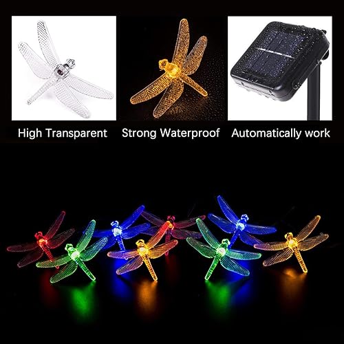 Miniatura 4 de Sundecor - Guirnalda de luces solares de libélula de 21.3 pies, 30 LED, 8 modos, multicolor, impermeable, libélula de cristal, luces LED para