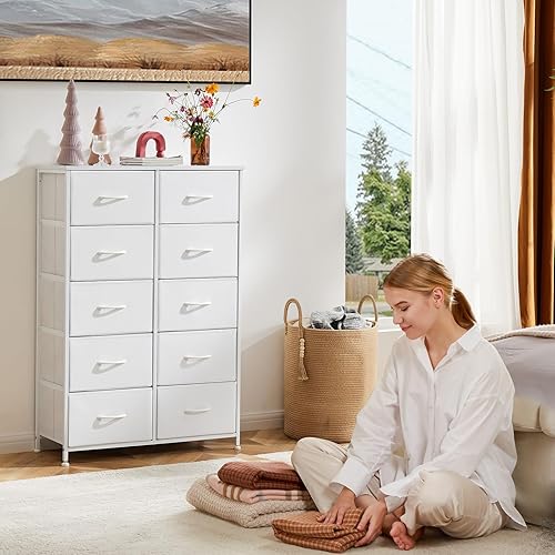 Miniatura 2 de Cómoda alta para dormitorio, cajón organizador de aparador con 10 cajones, cómoda con papelera de tela, marco de acero, parte superior de madera