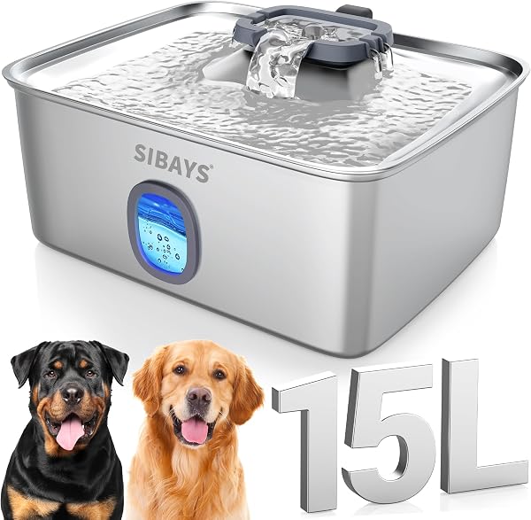 SIBAYS 4Gal/15L Large Dog Water Fountain, Stainless Steel Pet Fountain with Water Window & LED Light, Ultra Quiet Automa