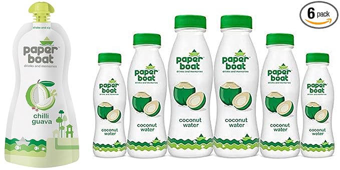 Paper Boat Chilli Guava Fruit Juice, No Preservatives and Colours (Pack of 6, 200ml each) + Paper Boat Coconut Water, Refreshing Coconut Flavour, Vital Minerals (Pack of 6, 200ml Each)