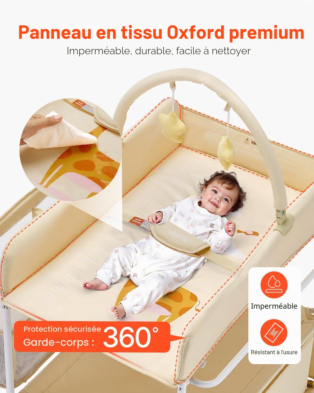 VEVOR Table à Langer Pliable, Plan à Langer 2 Tiroirs en Tissu, Panier Latéral et Tringle de Suspension, Meuble pour Bébé Réglable en Hauteur, avec Roulettes Verrouillables et 2 Jouets Étoiles, Beige