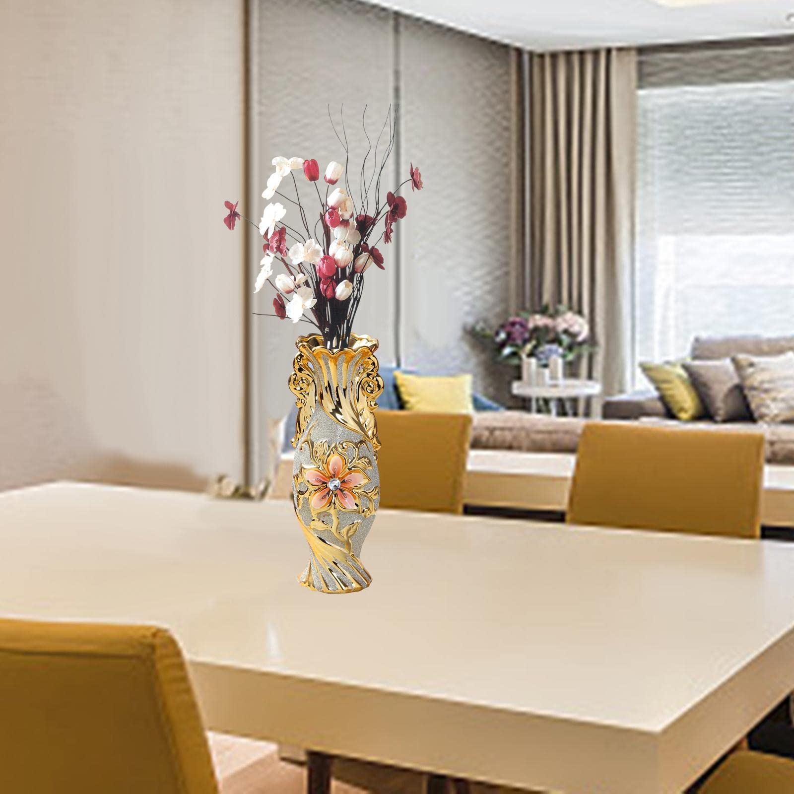 Keramikvase Europäischer Stil Blumenvasen Deko Ornament Tischdeko Goldene Muster Eleganz Aus für Hochzeit Geschenk Wohnzimmer Büro Café Bar Re, Stile