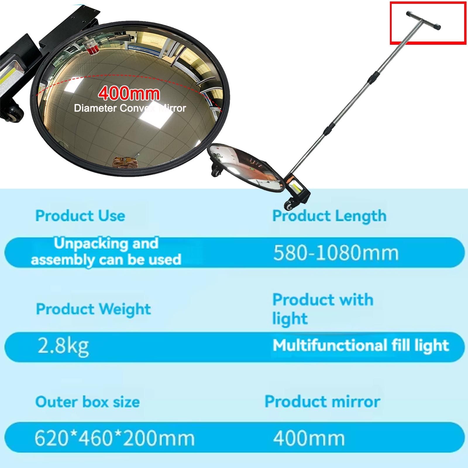Espejo De Inspección Telescópico Con Luz Led Y Pulley-Debaje De Espejo De Vehículo-Longitud Ajustable &300/400Mm Espejo Convexo, Para La Mecánica, Controles De Menos Del Coche Y Área Difícil De Alcanz