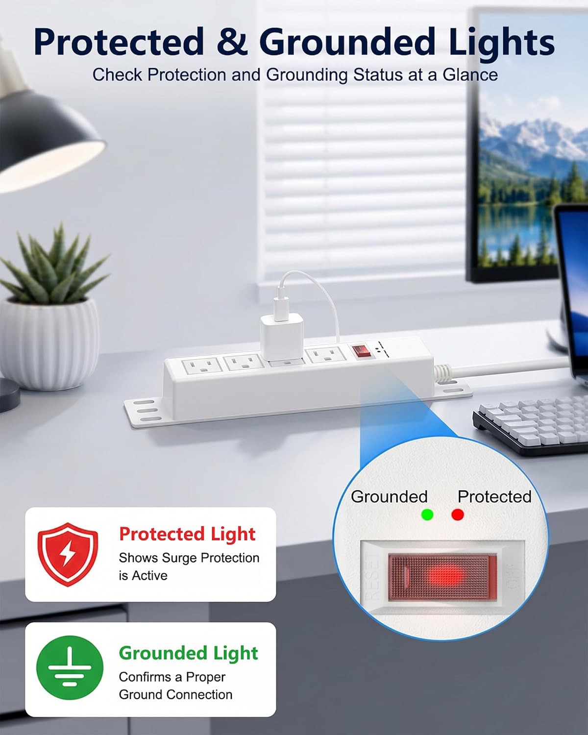 1500J Surge Protector Power Strip, White Mountable 4-Outlet Strip with Grounded & Protected Indicator Lights, 45° Flat Plug Extension Cord 6 FT for Home, Office, and Dorm, ETL Listed