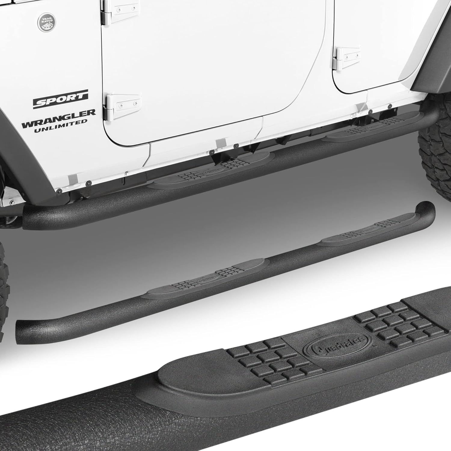 Quadratec QR3 Heavy Duty Side Step, Set of 2 - Fits Jeep Wrangler 2007-2018 JK Unlimtied 4-Door - Non-Slip Nylon Pad Running Boards - Round 3" Tube - Black Powder Coat