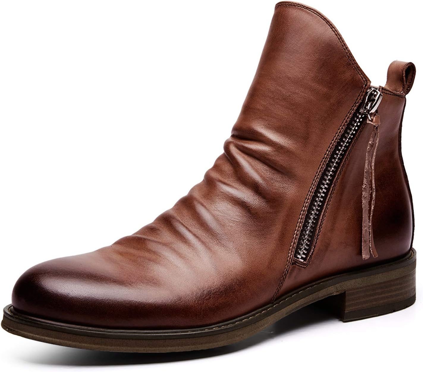 メンズファッション防水レザーアンクルブーティーカジュアルクラシックフリンジブーツ 舗 ウォームノンスリップダブルサイドジッパーラウンドヘッド ラージサイズ ラバーソール 45 ブラウン メンズレザーワークブーツ