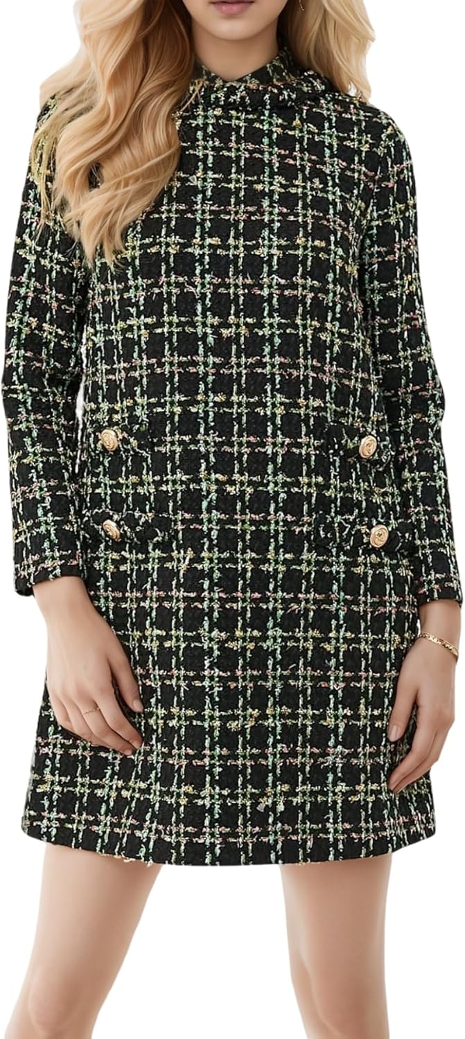 LifeShe Women's Long Sleeve Tweed Mini Dress Business Work Short Dress Elegant Cute Party Dresses Dark Green