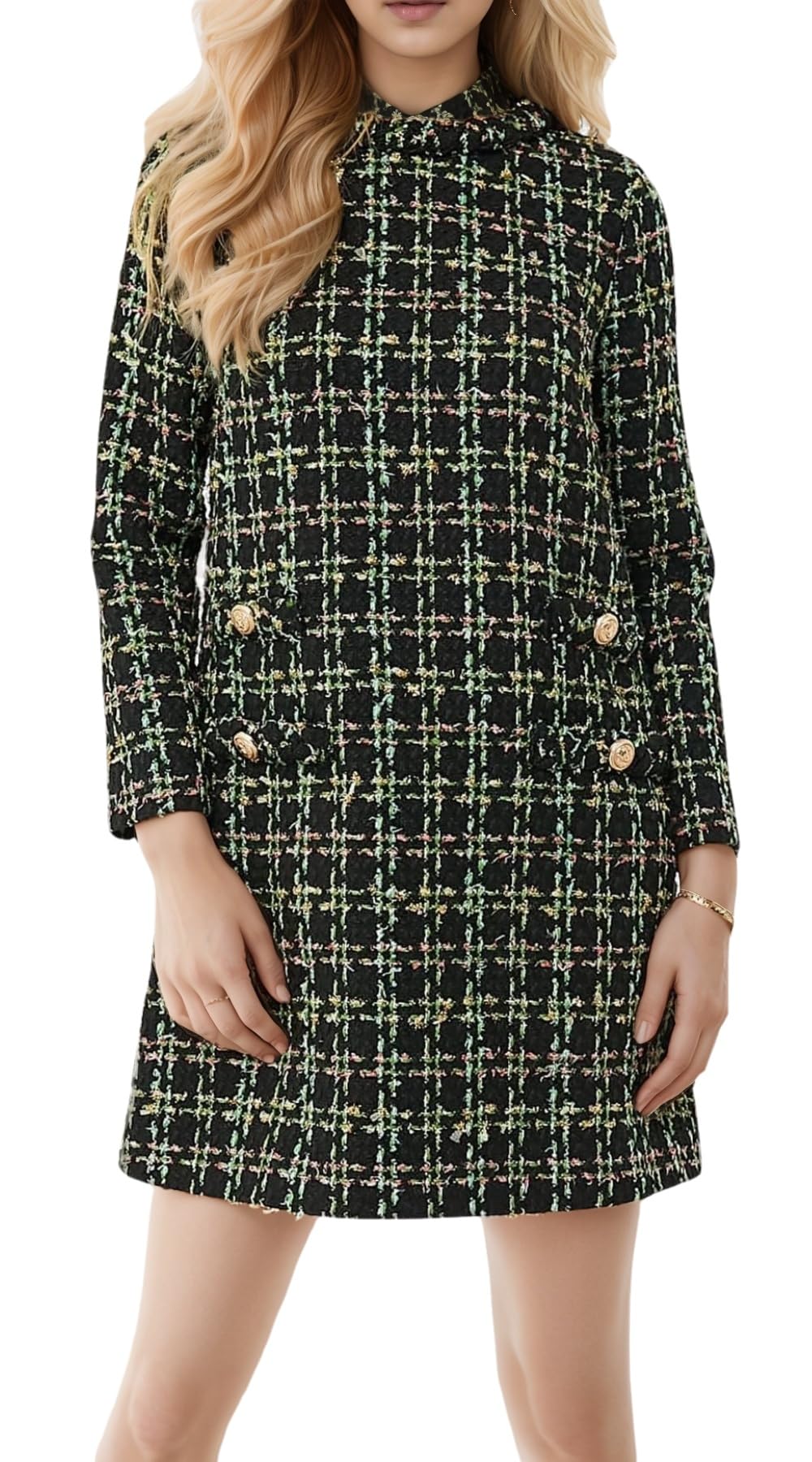 LifeShe Womens Long Sleeve Tweed Mini Dress Business Work Short Dress Elegant Cute Party Dresses Dark Green