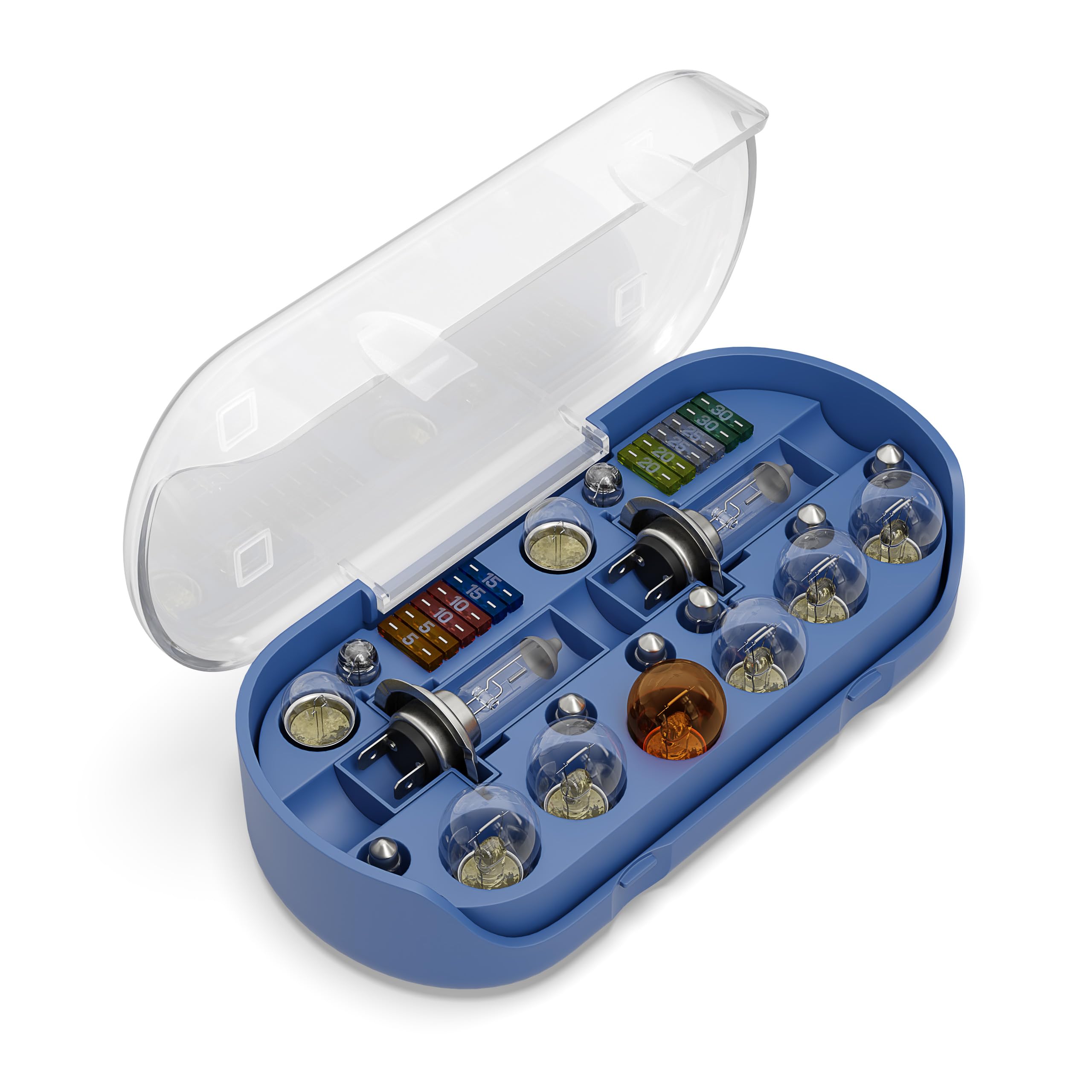 Zestaw BLUETECH® H7 30-częściowy z bezpiecznikami samochodowymi, żarówki halogenowe, żarówki sygnalizacji, zestaw zapasowych żarówek do samochodu, żarówki do auta