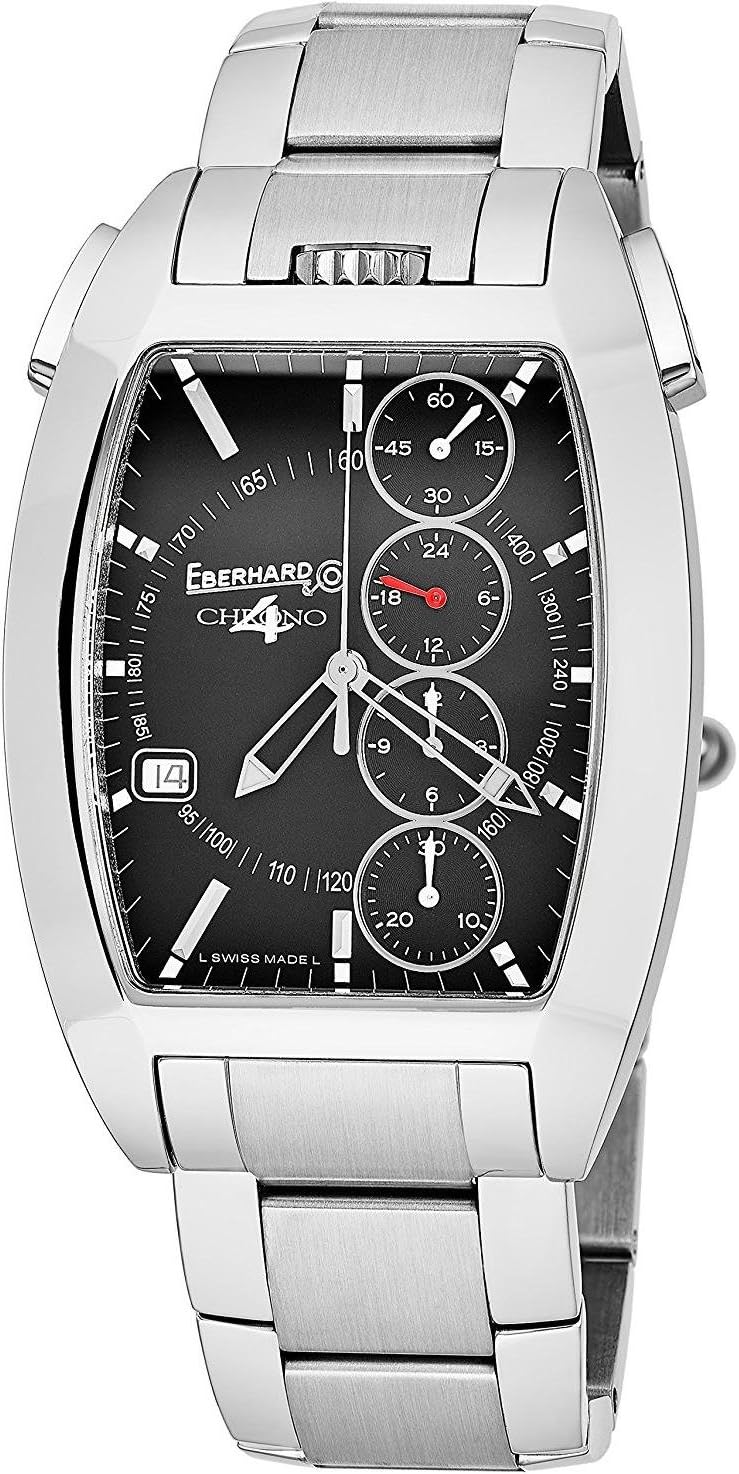 Eberhard & Co Chrono 4 Temerario Mens Stainless Steel Automatic Chronograph Watch - Tonneau Black Face Casual Swiss Watch for Men 31047.2